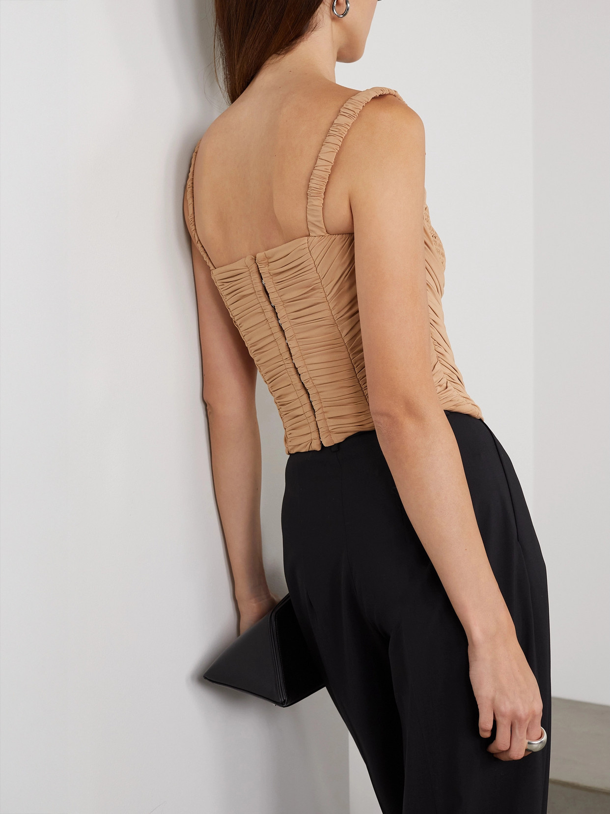 Dion Lee Doric Shirred Gathered Stretch-jersey Bustier Top In Brown