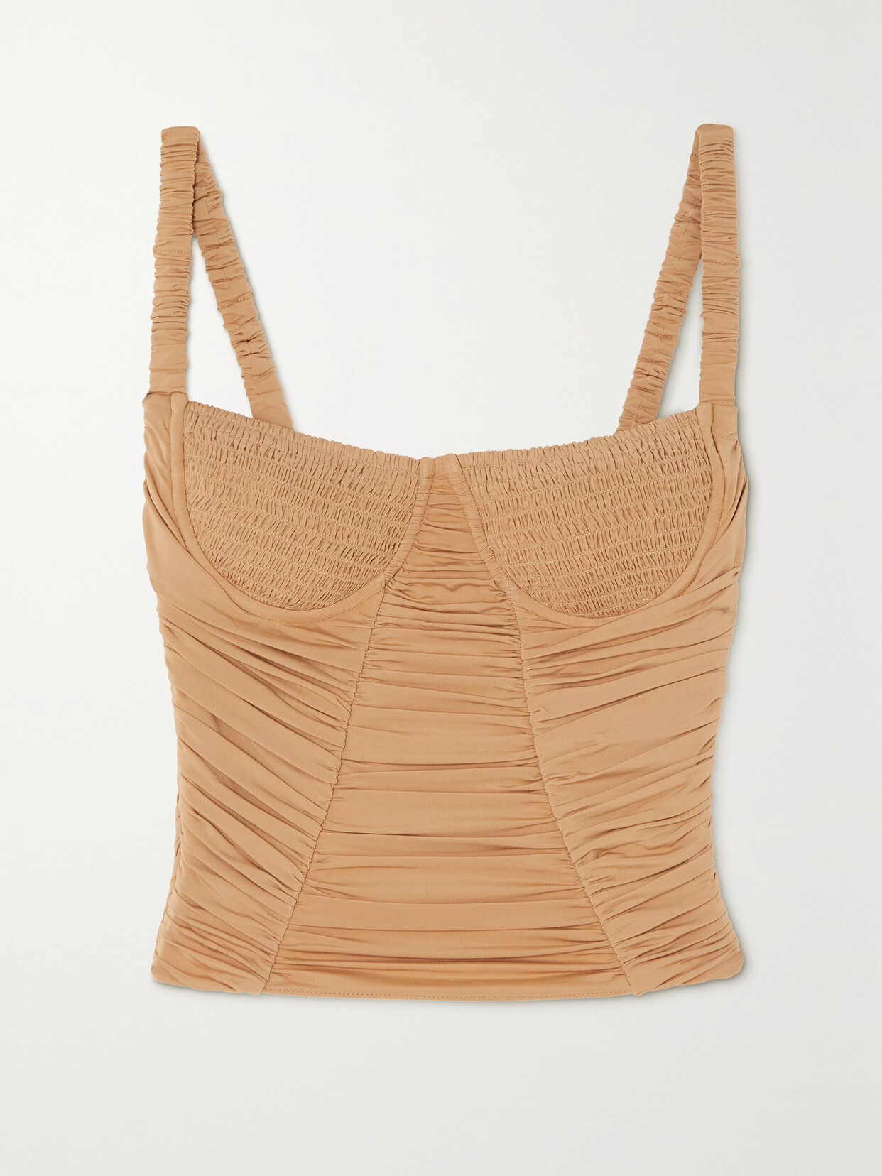 Dion Lee Doric Shirred Gathered Stretch-jersey Bustier Top In Brown
