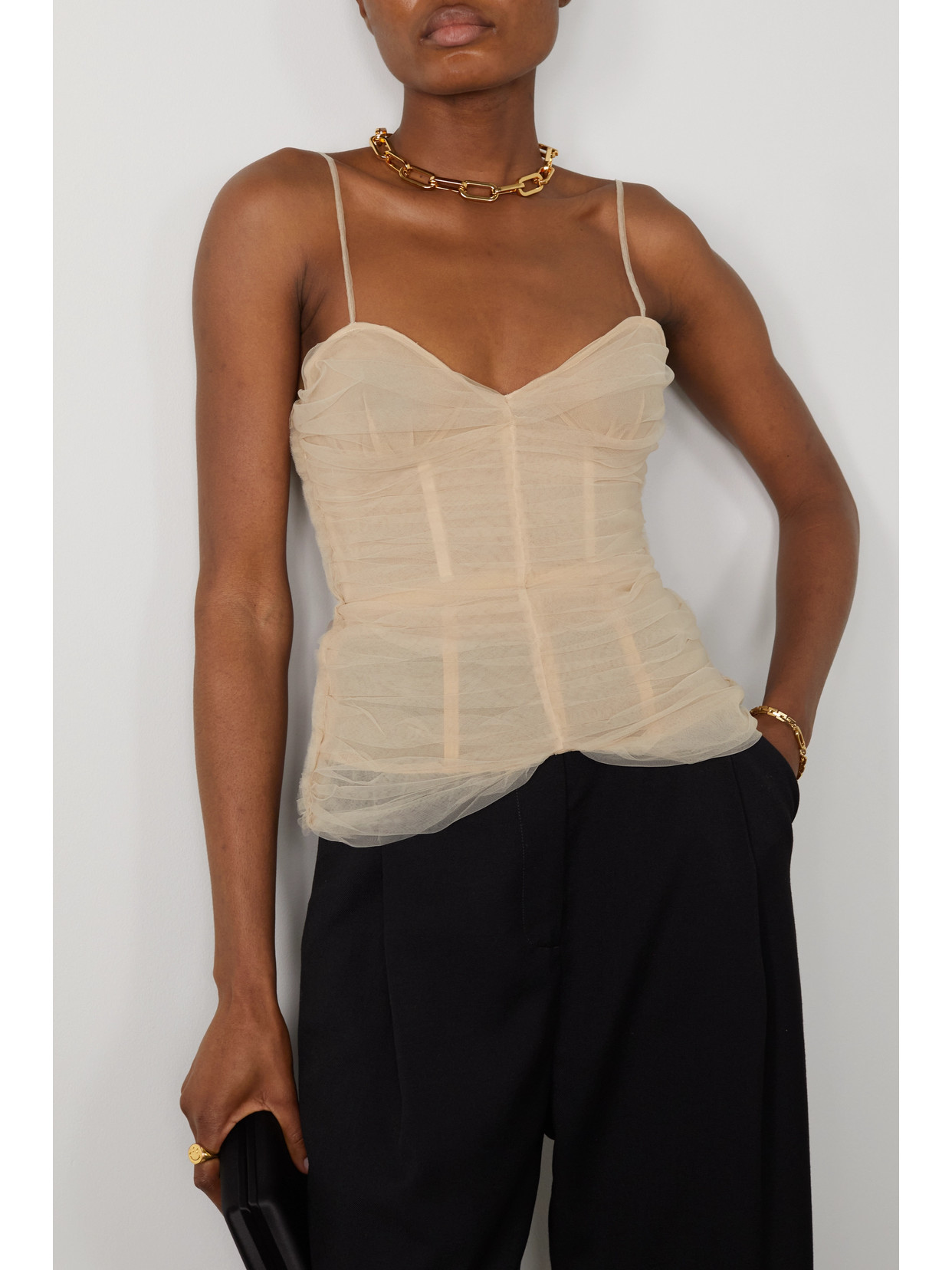 Renaissance Renaissance Ruched Tulle Bustier Top In Neutrals