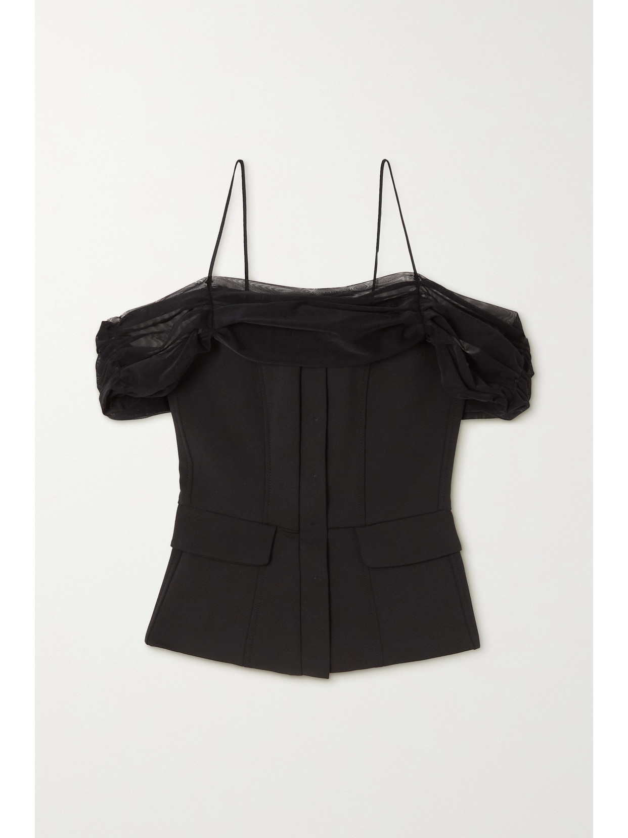 Renaissance Renaissance Cold-shoulder Tulle-trimmed Twill Top In Black