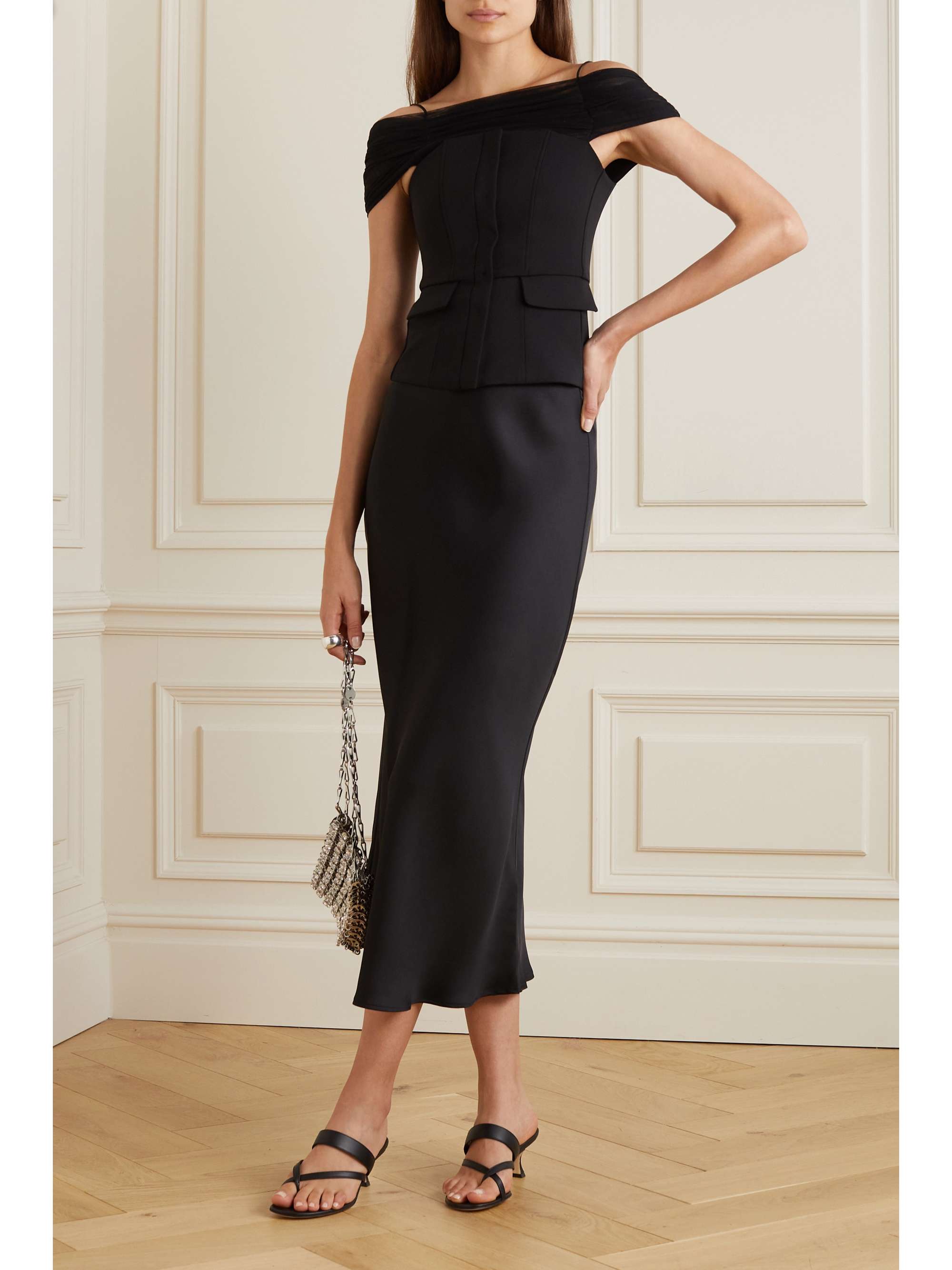 RENAISSANCE RENAISSANCE Cold-shoulder tulle-trimmed twill top