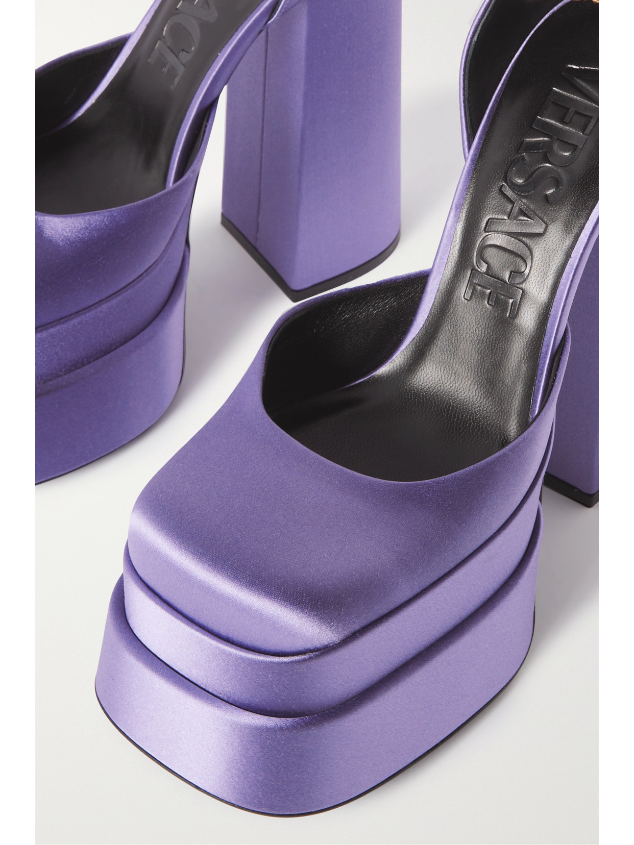 Versace Medusa Aevitas Embellished Satin Platform Sandals In Violet