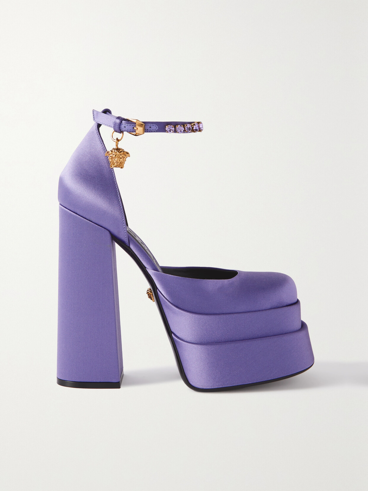 VERSACE MEDUSA AEVITAS EMBELLISHED SATIN PLATFORM PUMPS