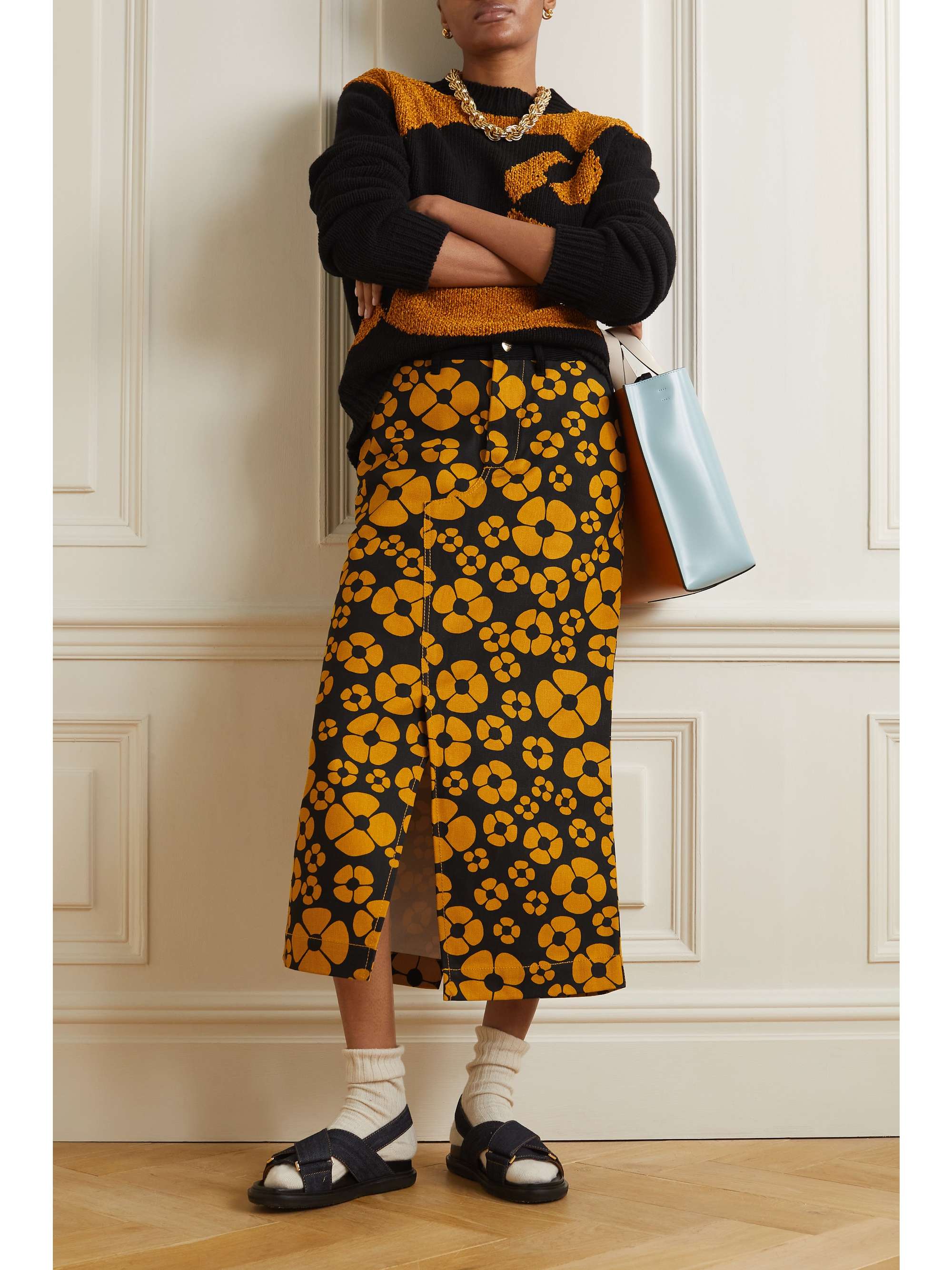 + Carhartt WIP corduroy-trimmed floral-print cotton-canvas midi skirt