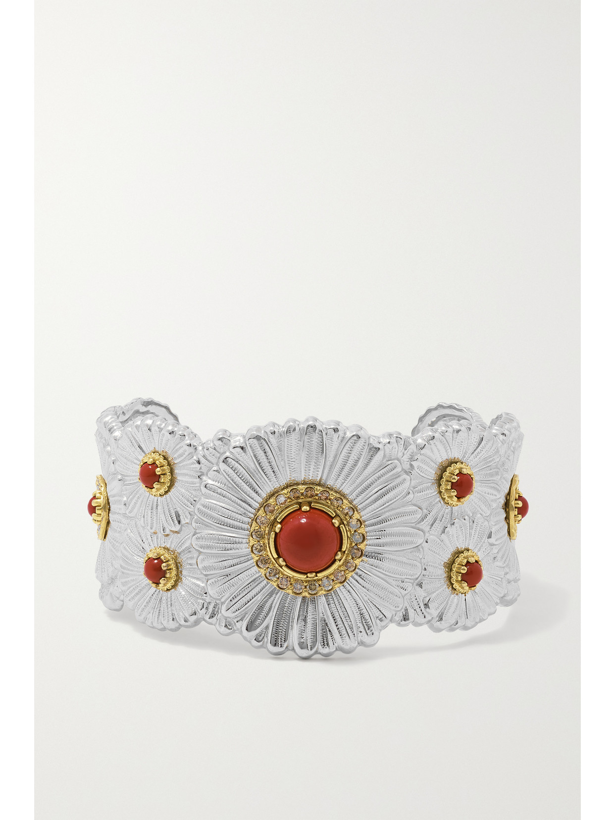 Buccellati Silver And 18k Gold Daisy Blossoms Bracelet With Red Jasper And Diamonds