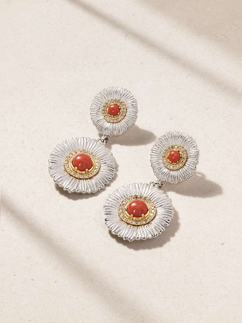 Buccellati Blossoms Sterling Silver And Gold Vermeil, Jasper And Diamond Earrings