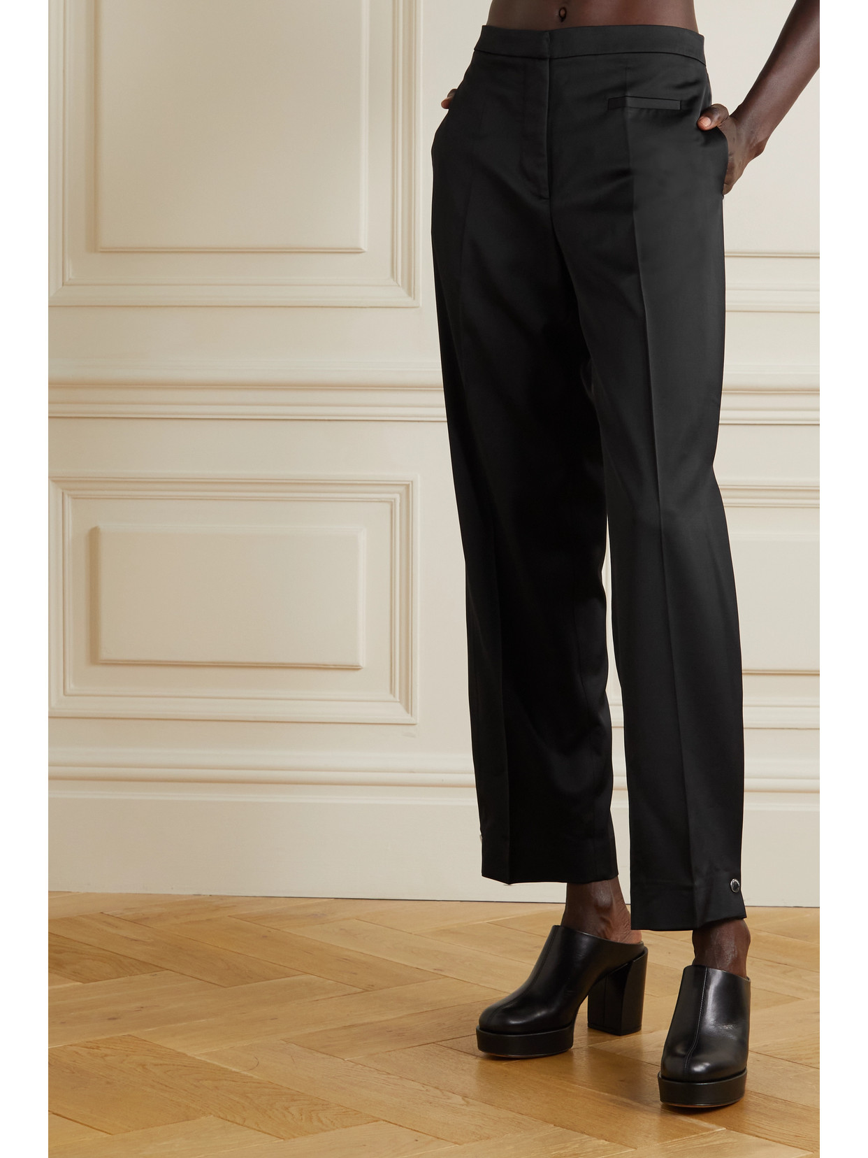 Jw Anderson Press-stud Cuff Satin Suit Trousers In Black