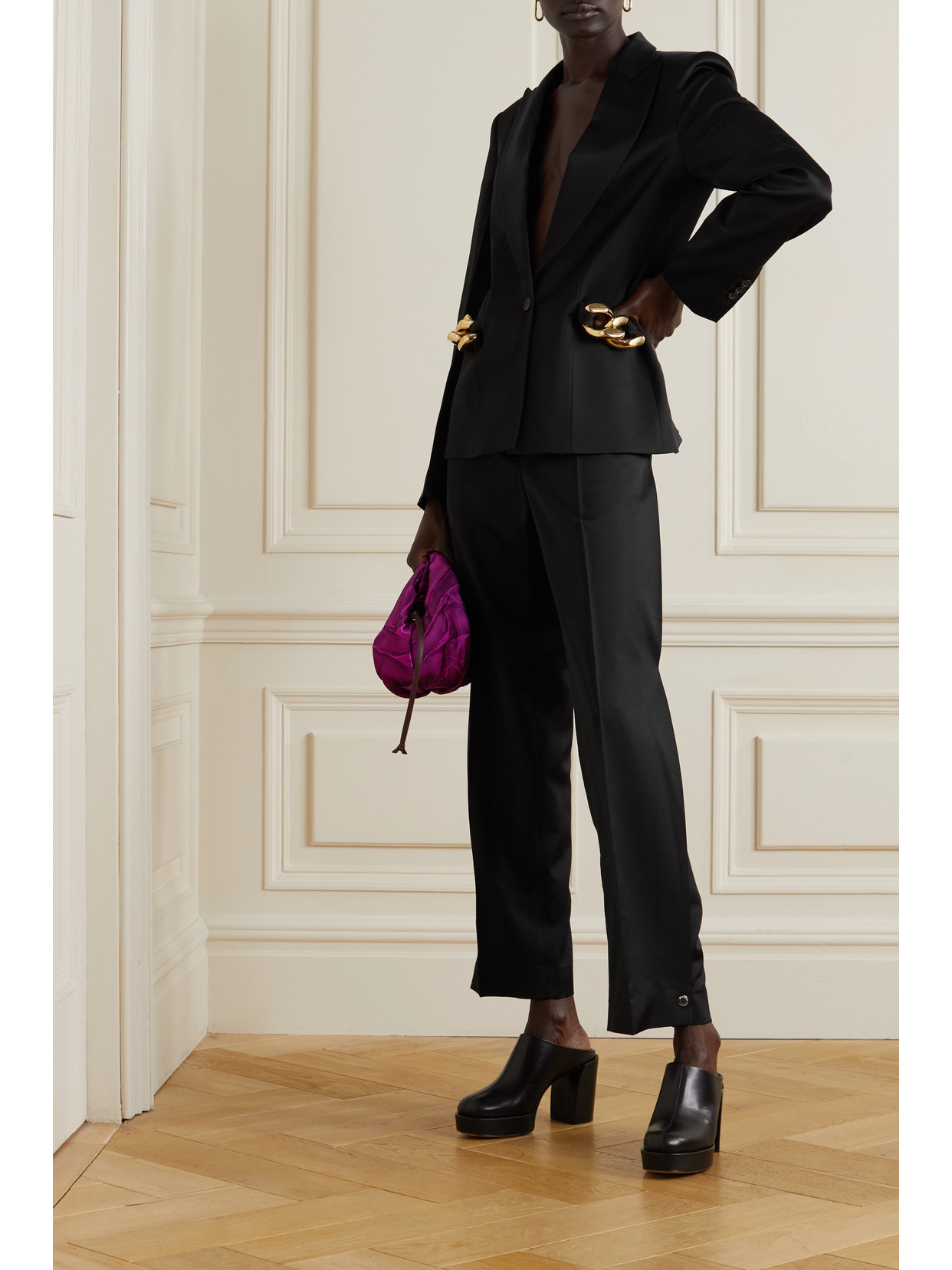 Jw Anderson Press-stud Cuff Satin Suit Trousers In Black