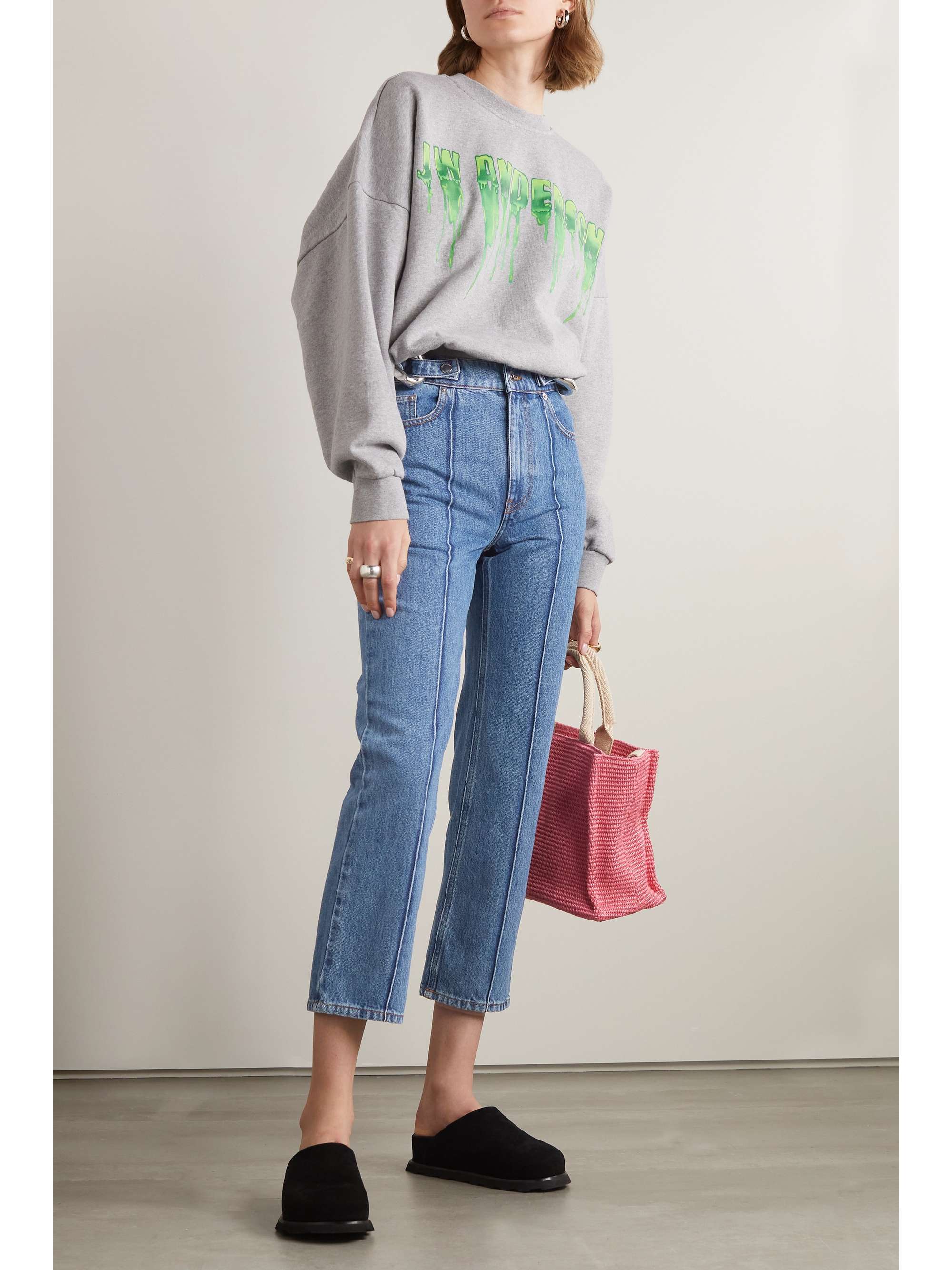 JW ANDERSON 链条缀饰高腰直筒九分牛仔裤