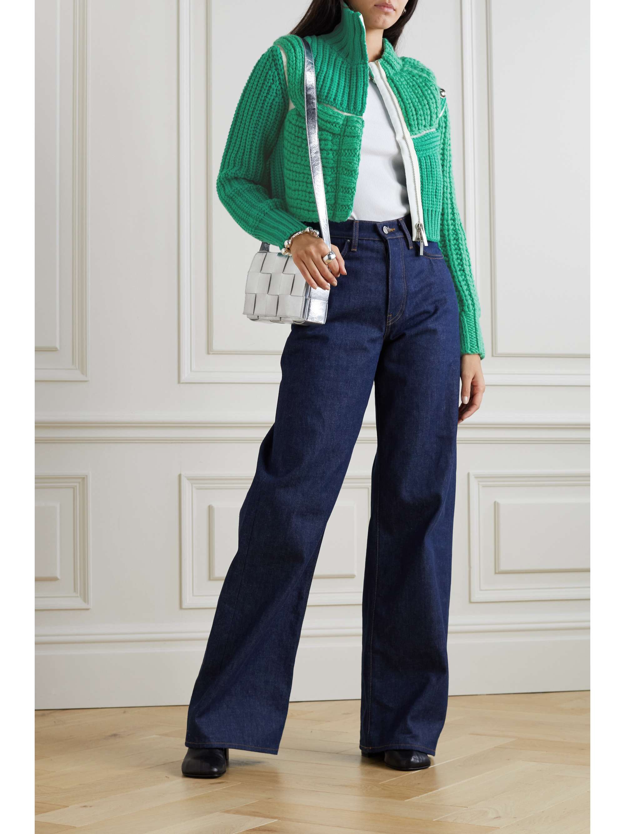 SACAI Cropped embellished mesh-trimmed ribbed wool cardigan