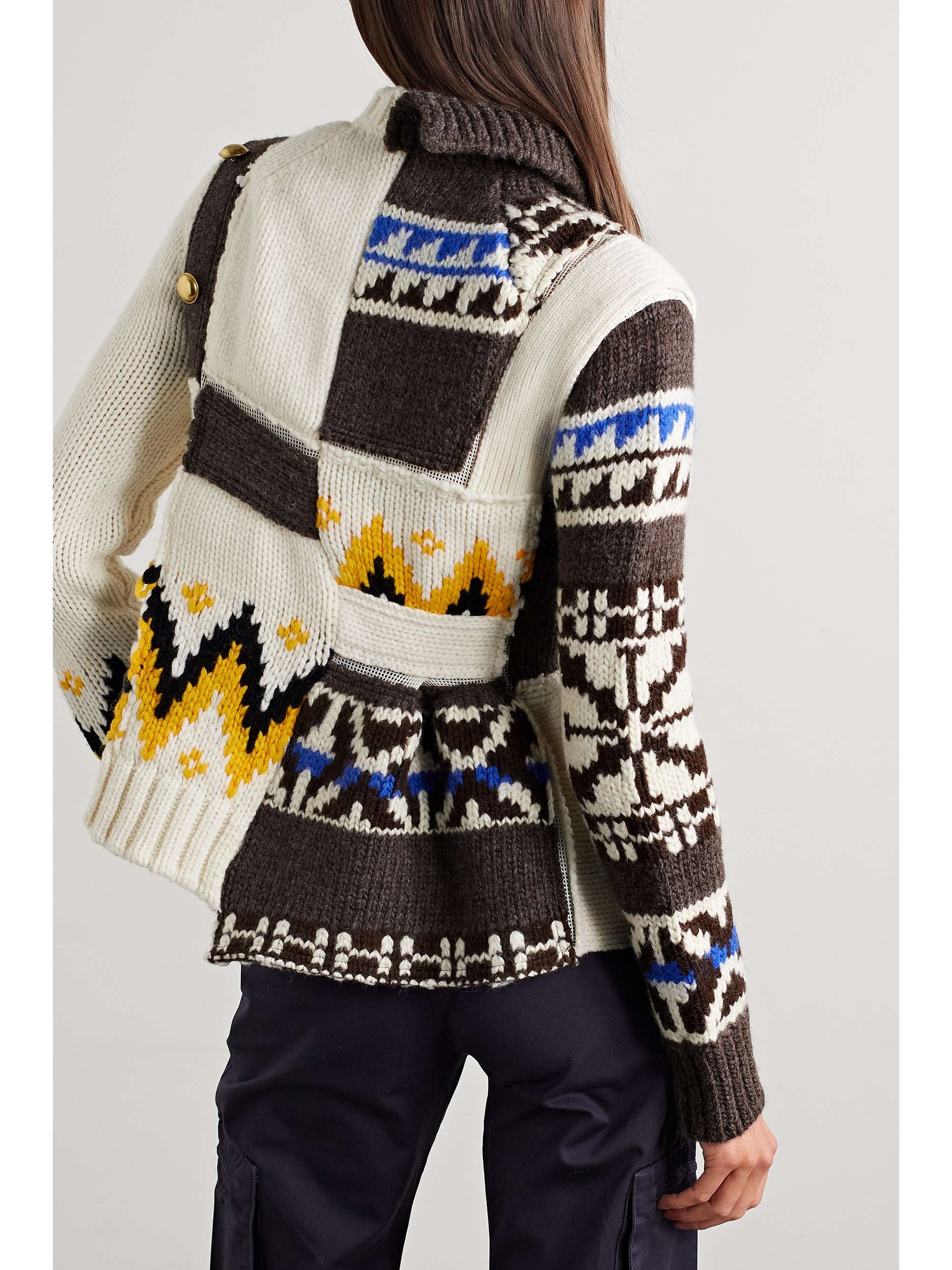 SACAI Paneled embellished mesh-trimmed wool-blend turtleneck sweater