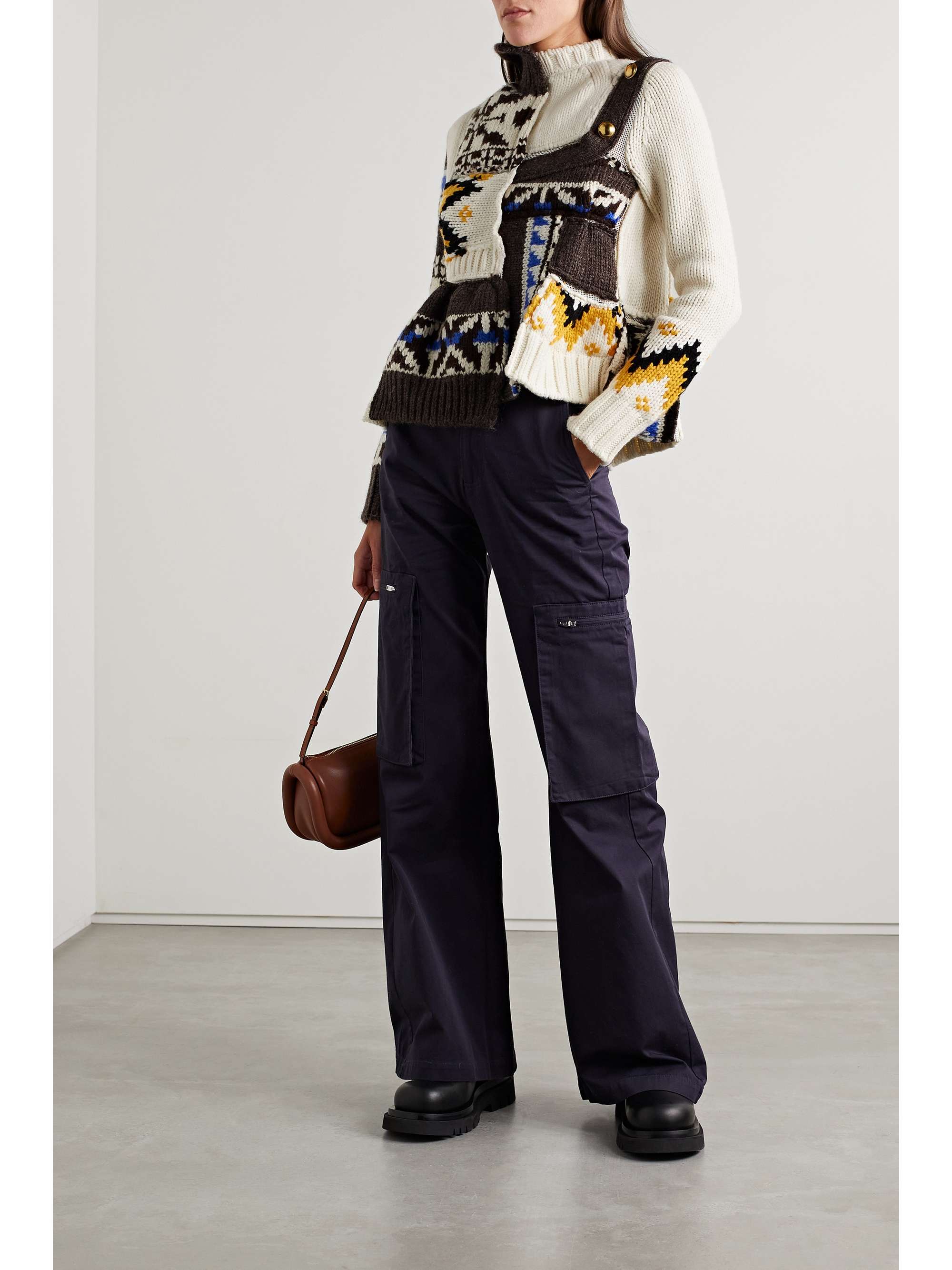 SACAI Paneled embellished mesh-trimmed wool-blend turtleneck sweater