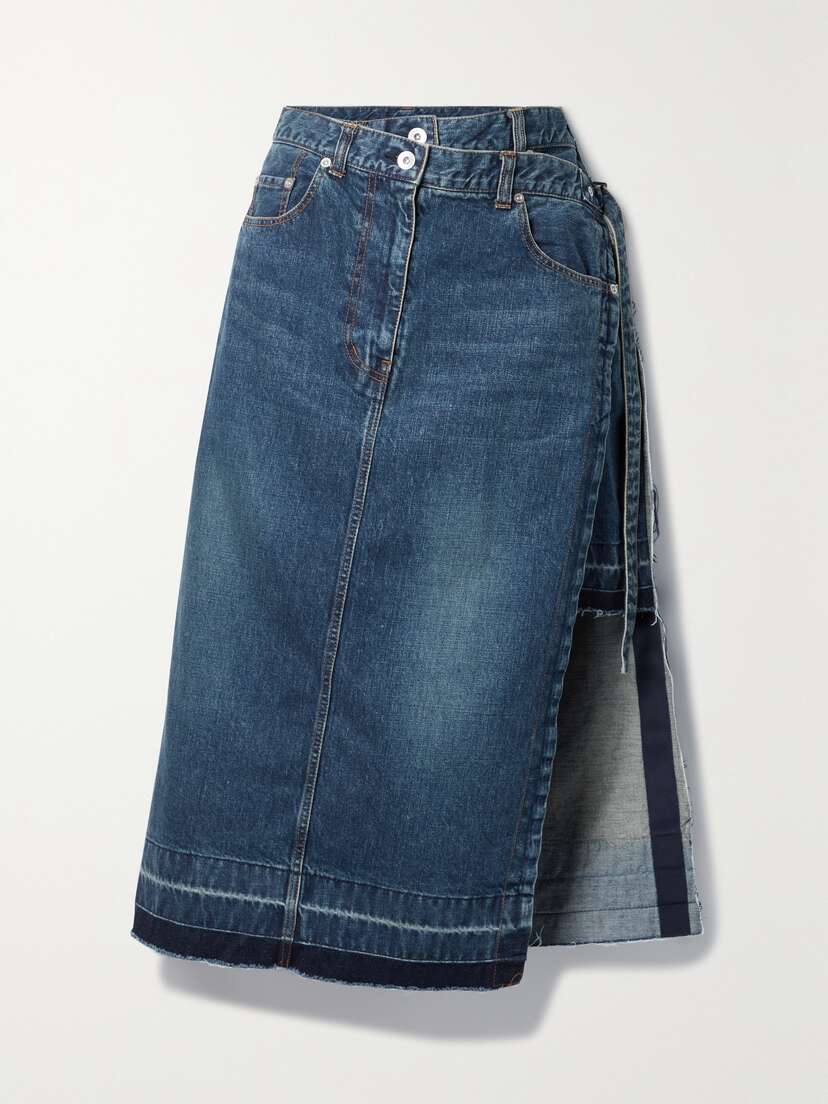 Sacai Layered Wrap-effect Frayed Denim Midi Skirt