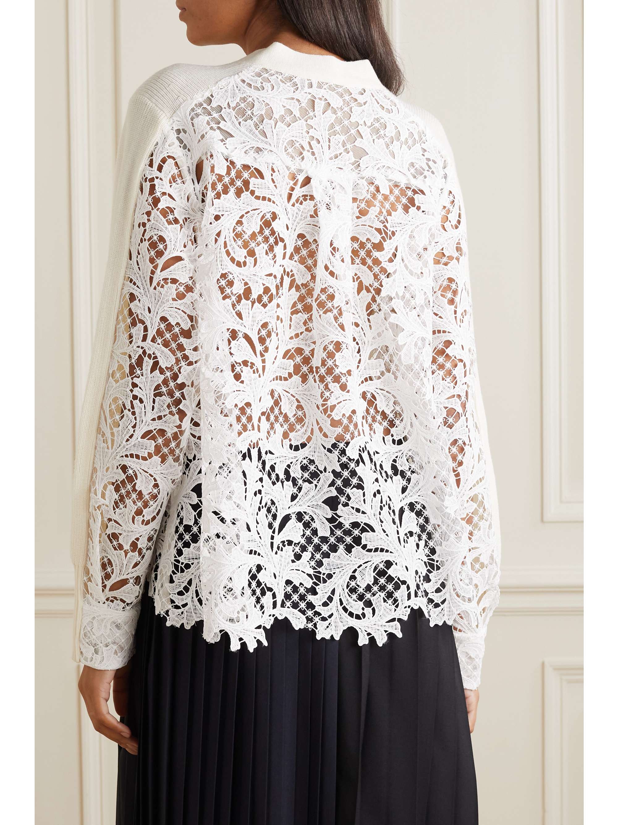 SACAI Ribbed wool and corded lace cardigan