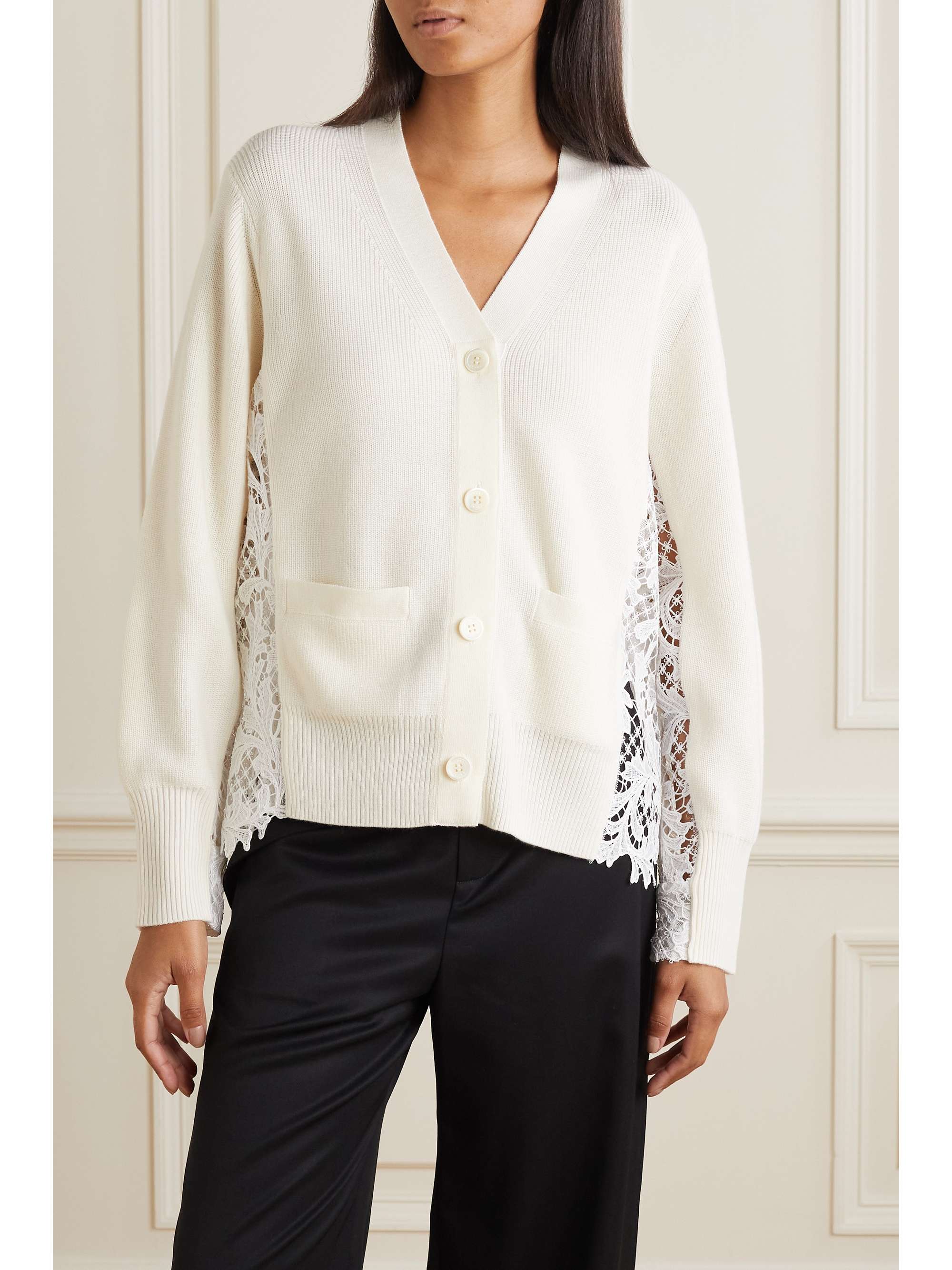 SACAI Ribbed wool and corded lace cardigan