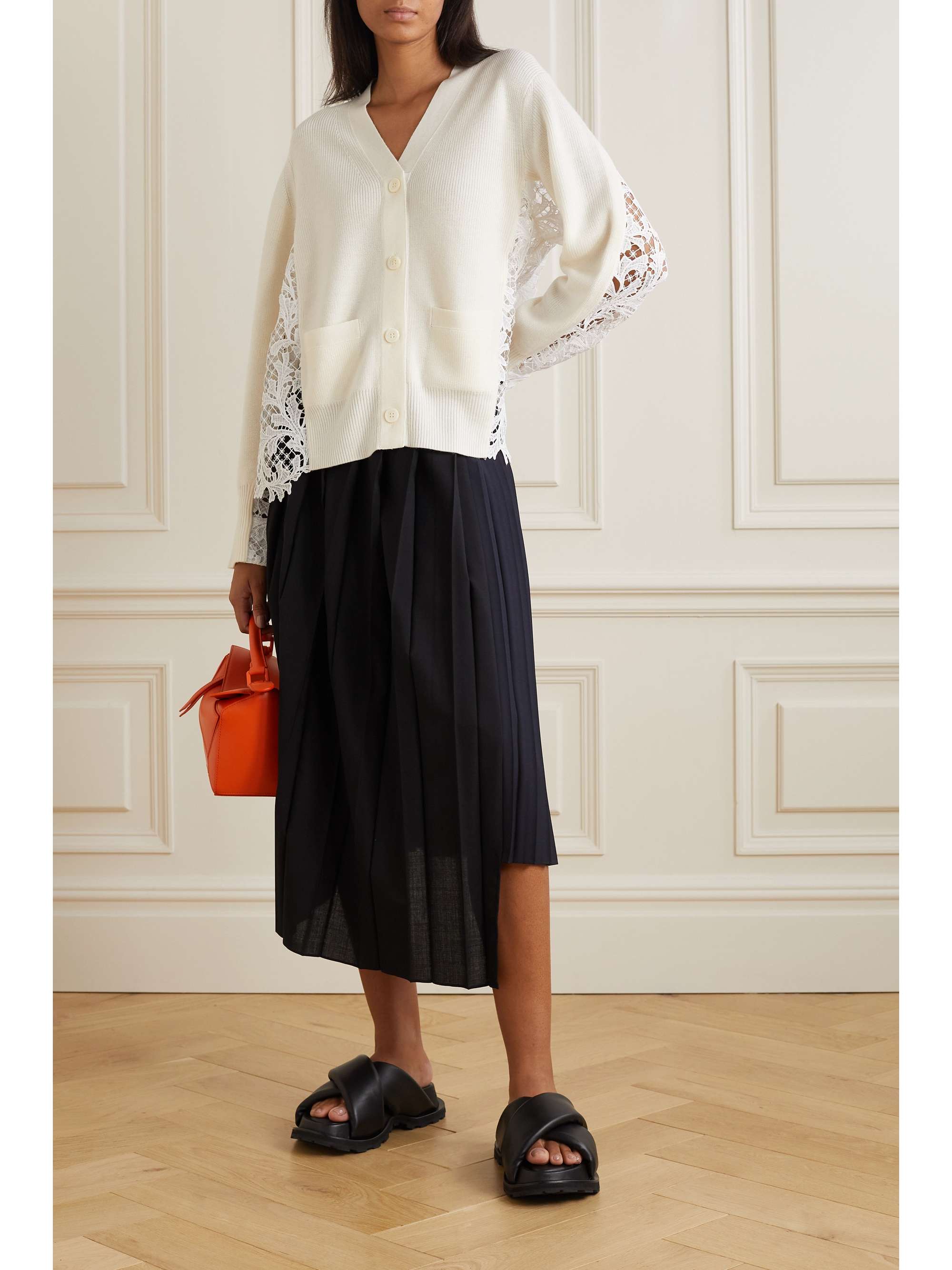 SACAI Ribbed wool and corded lace cardigan