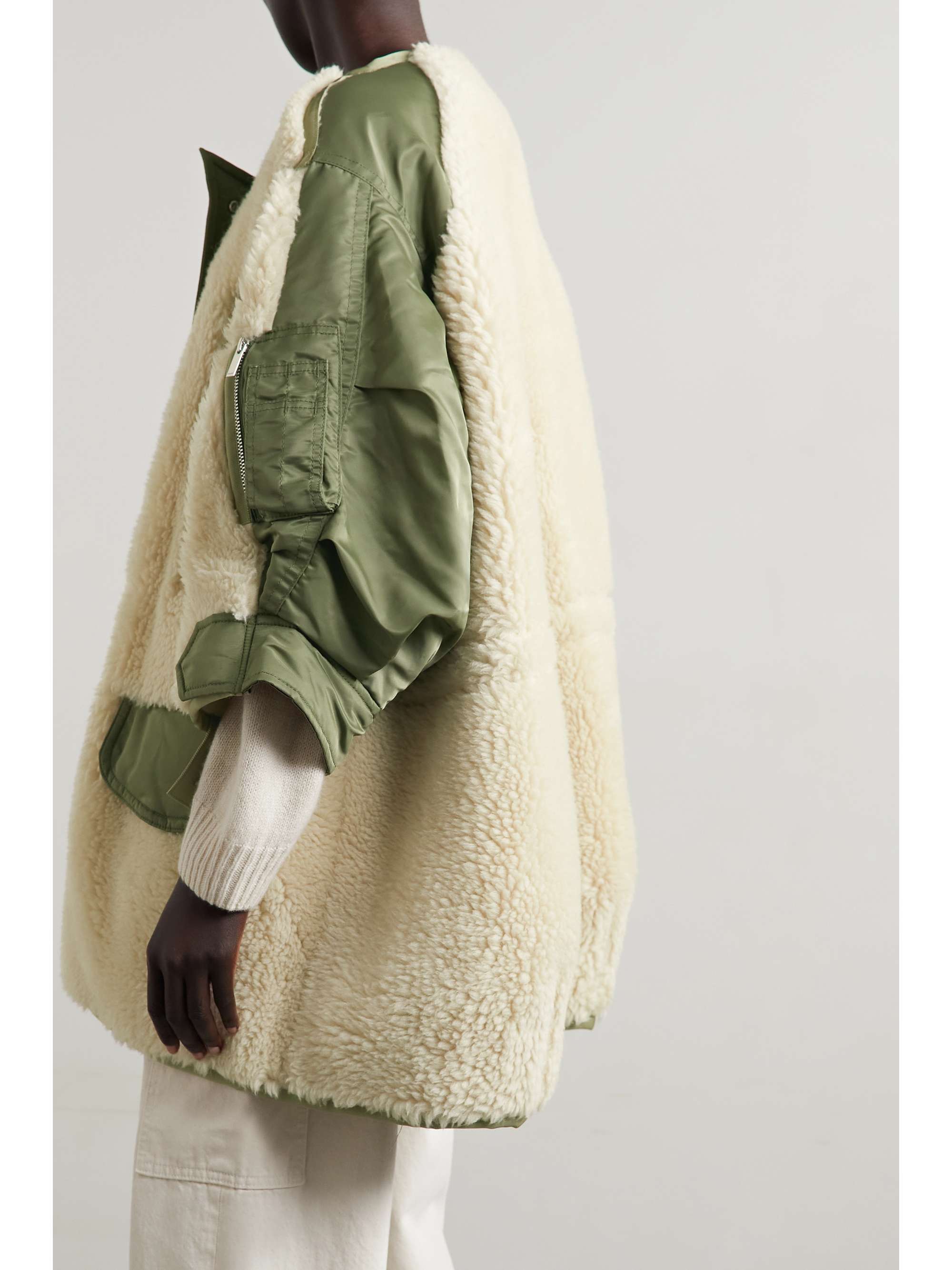 SACAI Paneled padded wool-fleece and satin jacket
