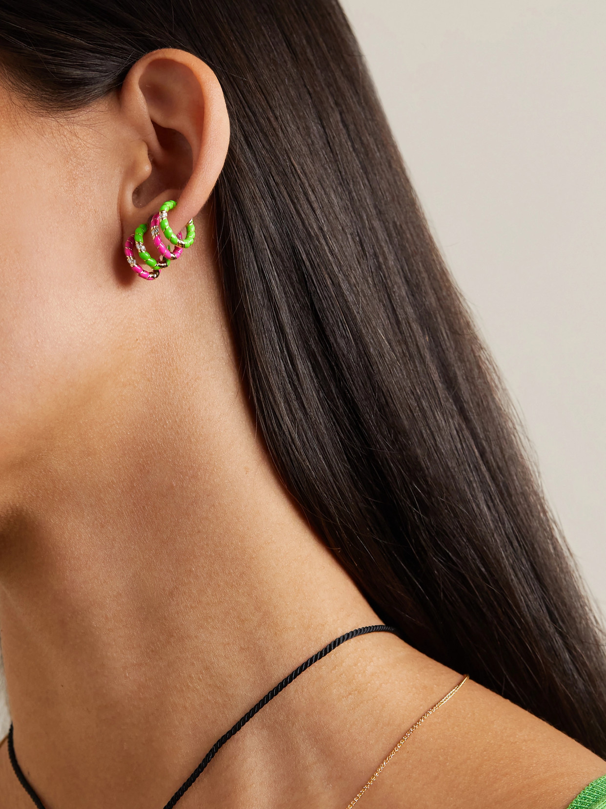 Yvonne Léon 9-karat Gold, Enamel And Diamond Hoop Earrings In Green
