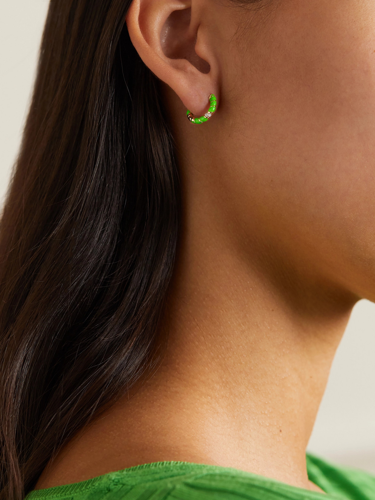 Yvonne Léon 9-karat Gold, Enamel And Diamond Hoop Earrings In Green