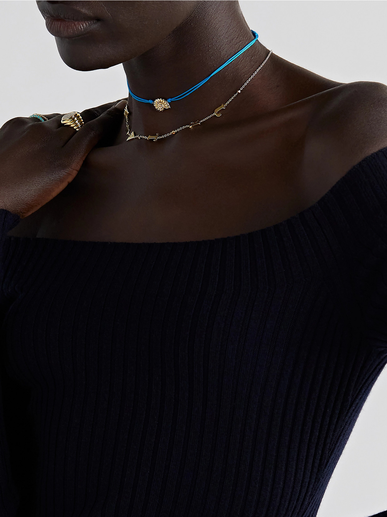 Shop Yvonne Léon 9-karat Gold, Cotton And Diamond Necklace In Blue