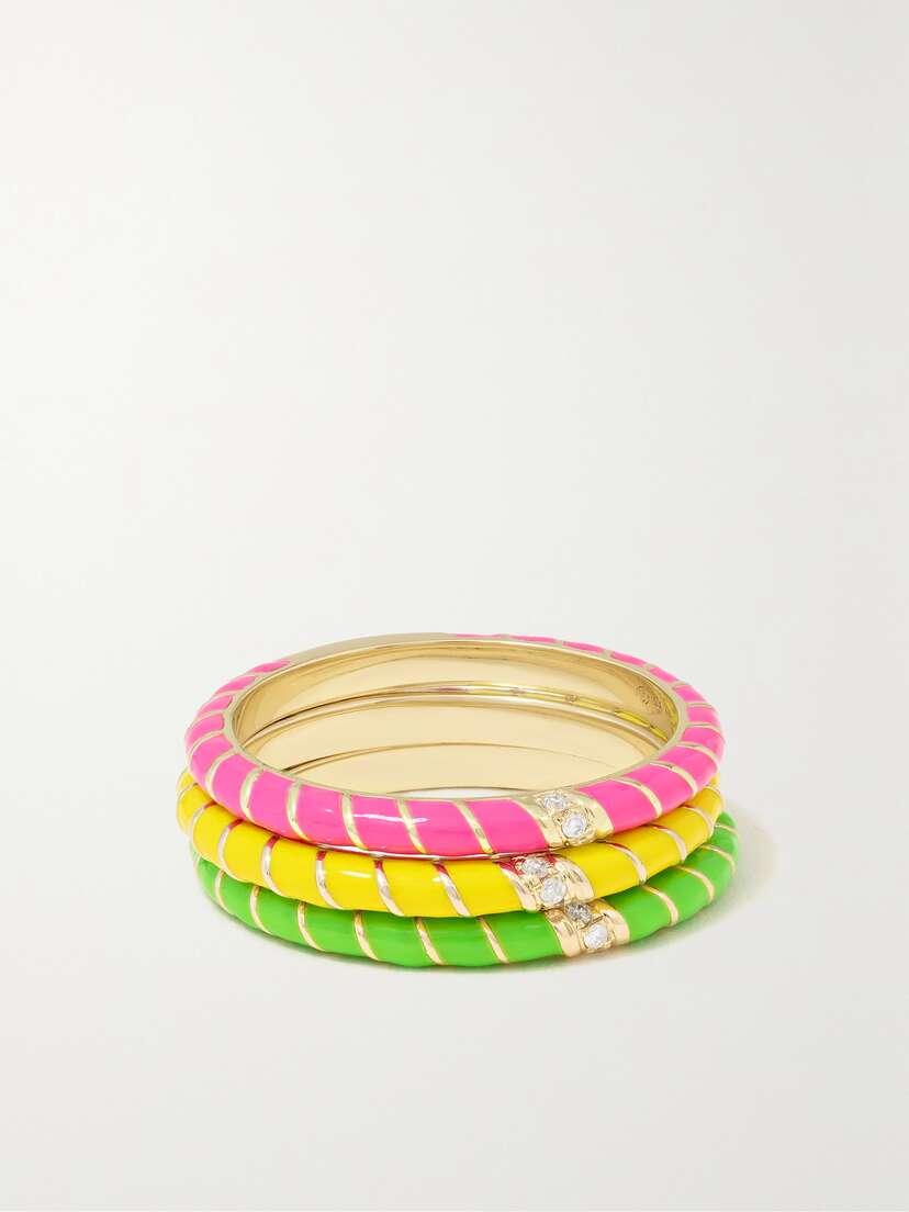 Yvonne Léon Alliance Set Of Three 9-karat Gold, Enamel And Diamond Rings