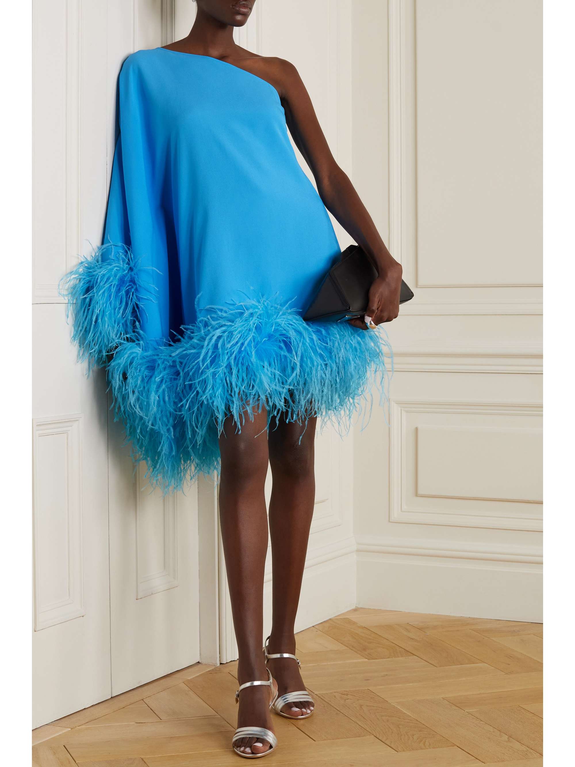 TALLER MARMO Piccolo Ubud one-shoulder feather-trimmed crepe mini dress