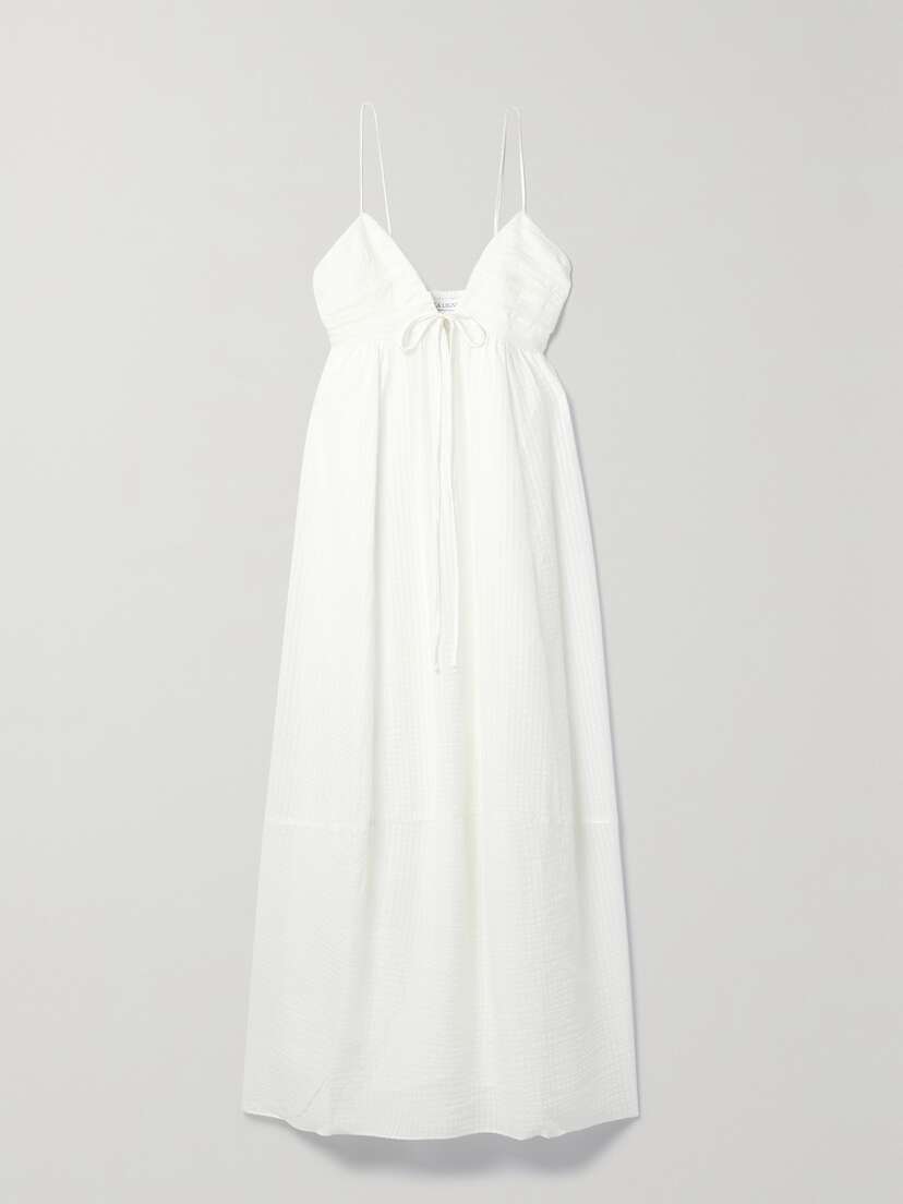 La Ligne Shirred Cotton And Silk-blend Seersucker Midi Dress