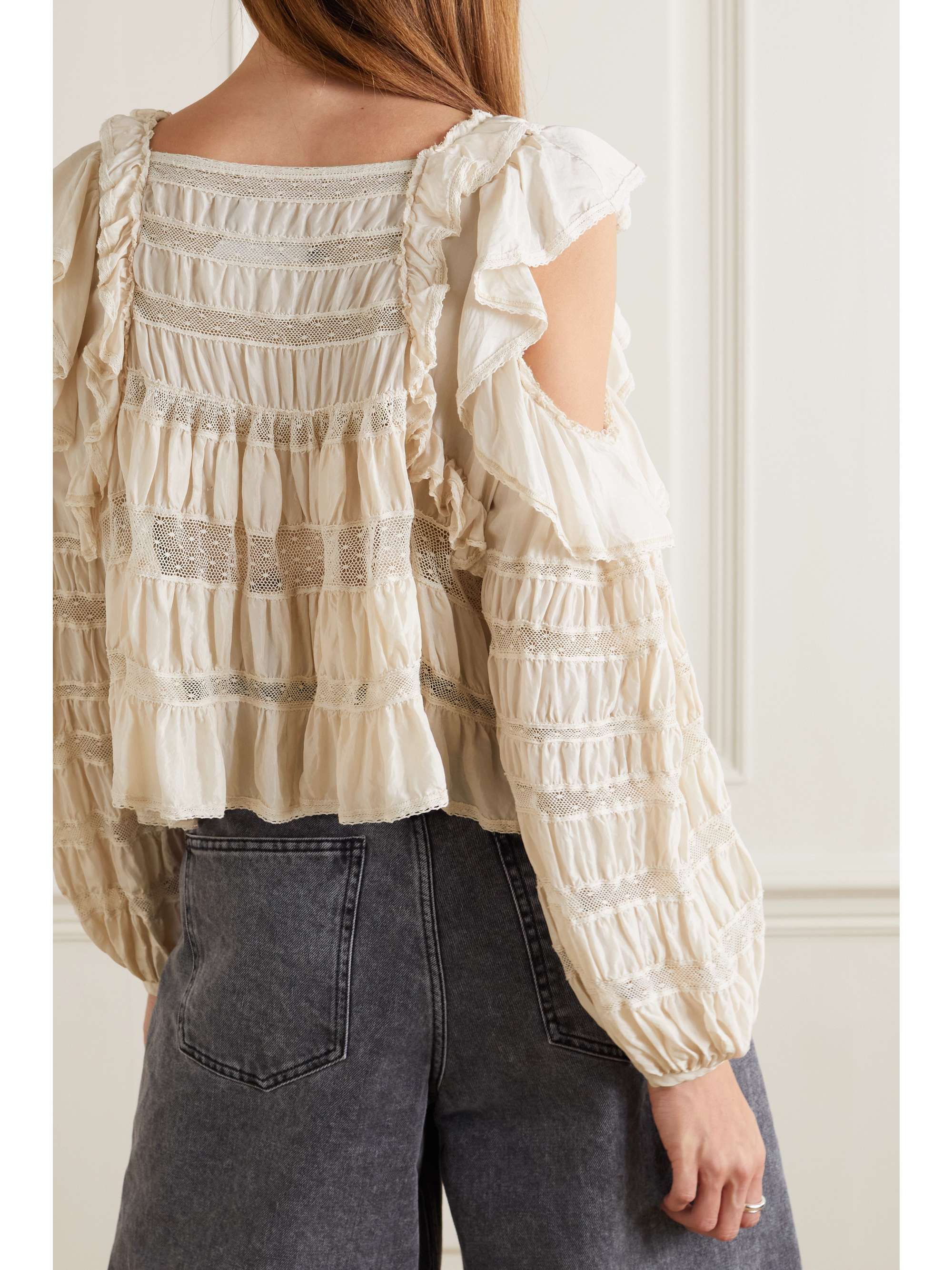 ISABEL MARANT Cerobas cold-shoulder crocheted lace-trimmed ruched silk blouse