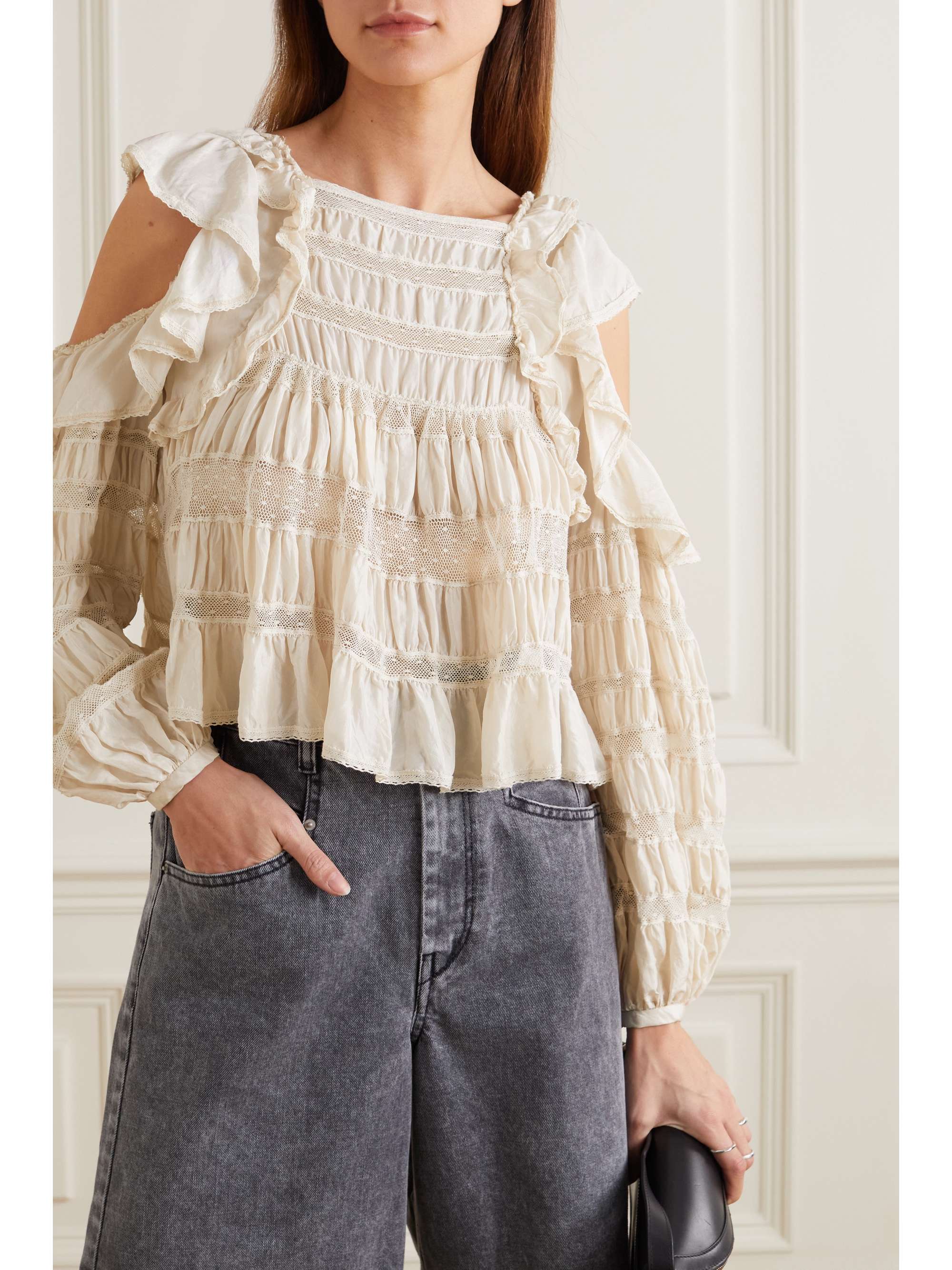 ISABEL MARANT Cerobas cold-shoulder crocheted lace-trimmed ruched silk blouse