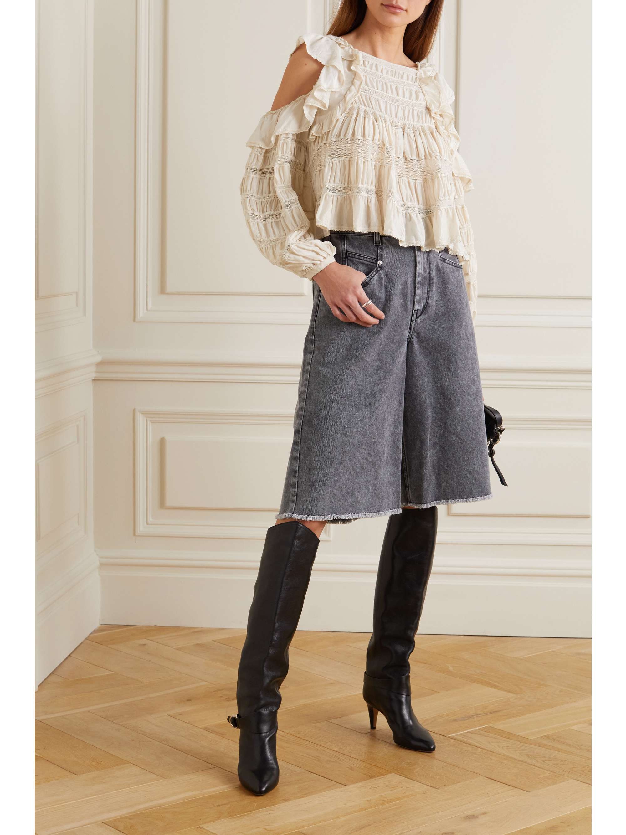 ISABEL MARANT Cerobas cold-shoulder crocheted lace-trimmed ruched silk blouse