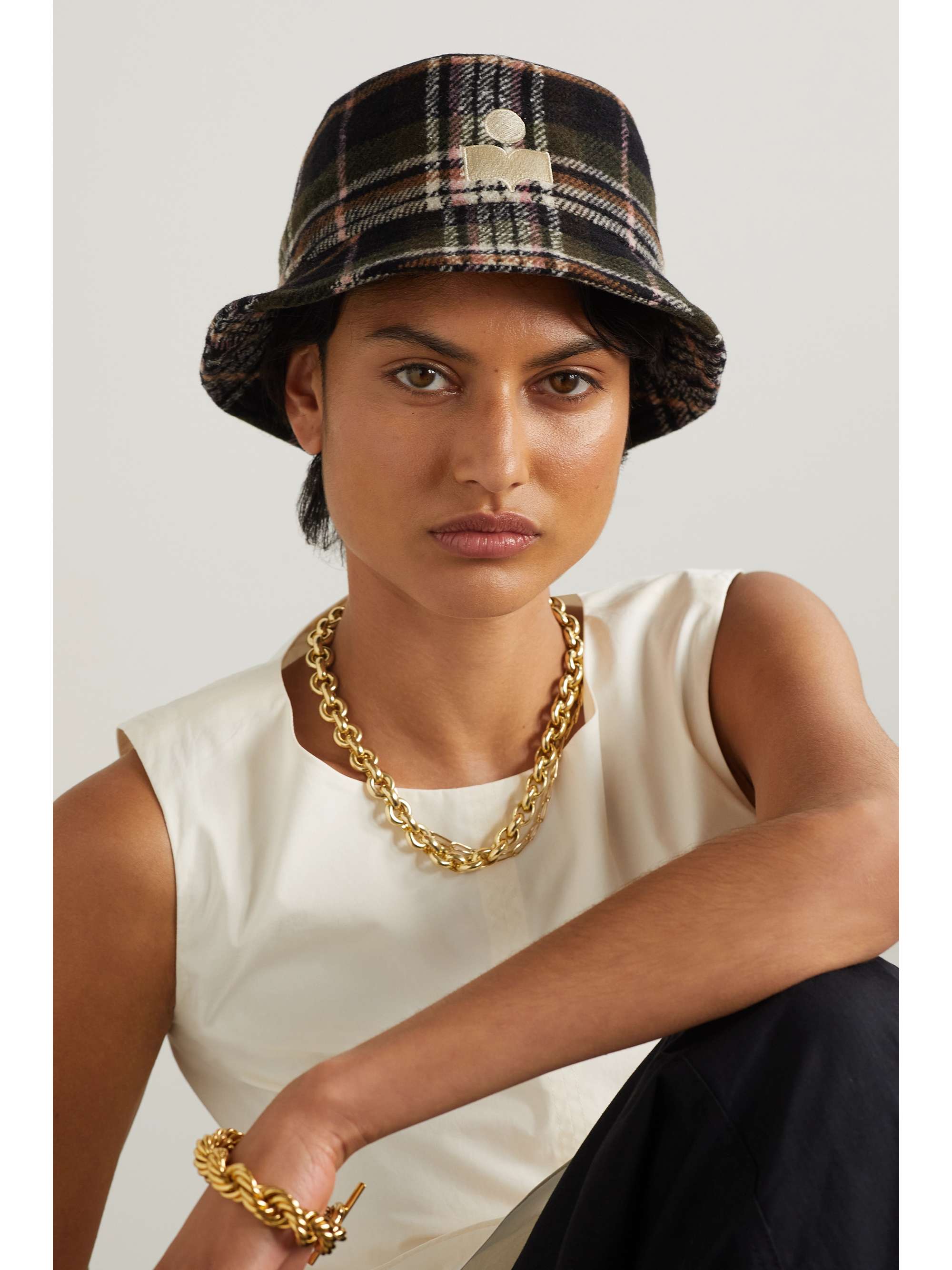 ISABEL MARANT Haley embroidered checked wool-blend flannel bucket hat ...