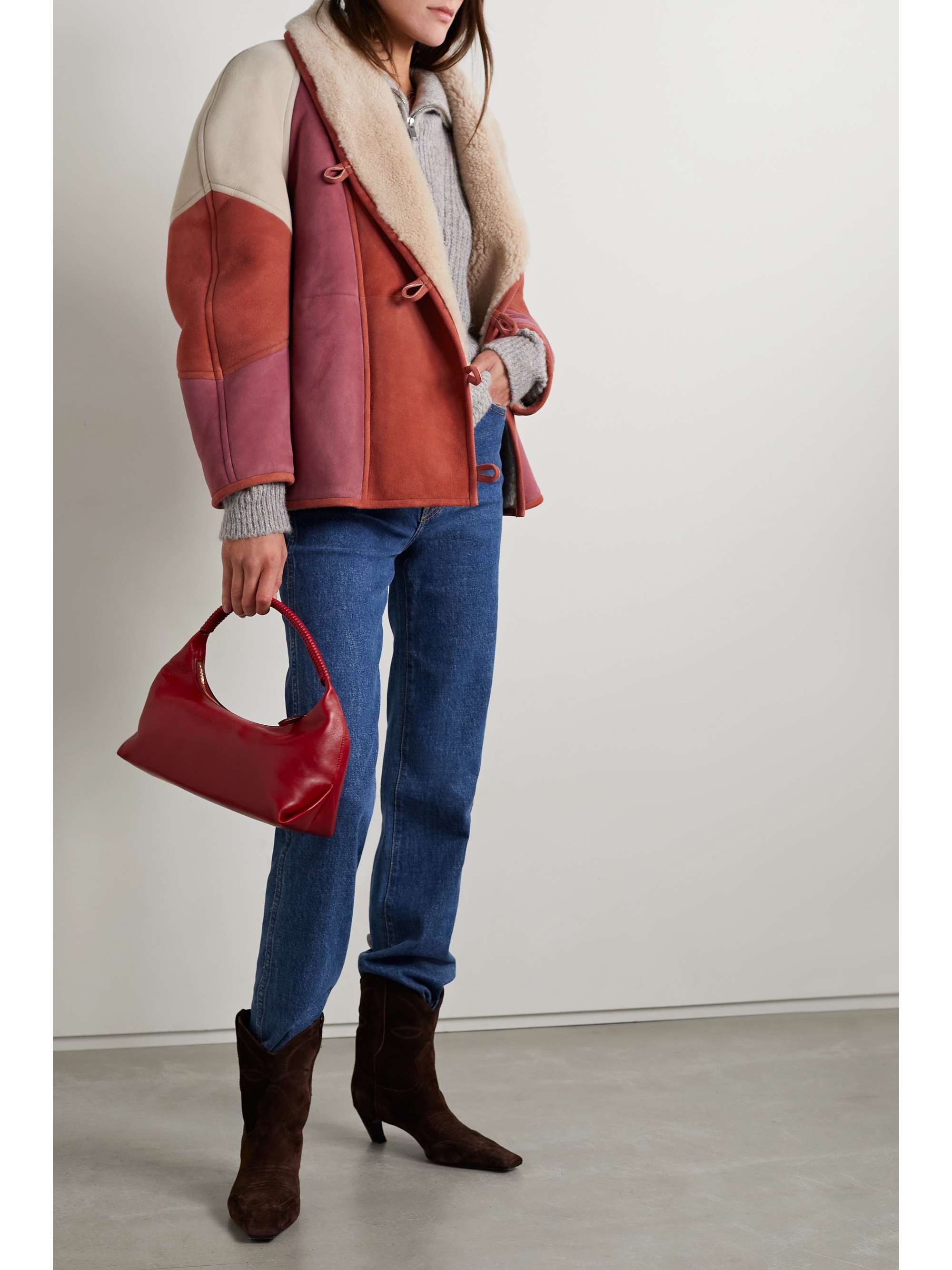 Orange Abeni color-block shearling coat 