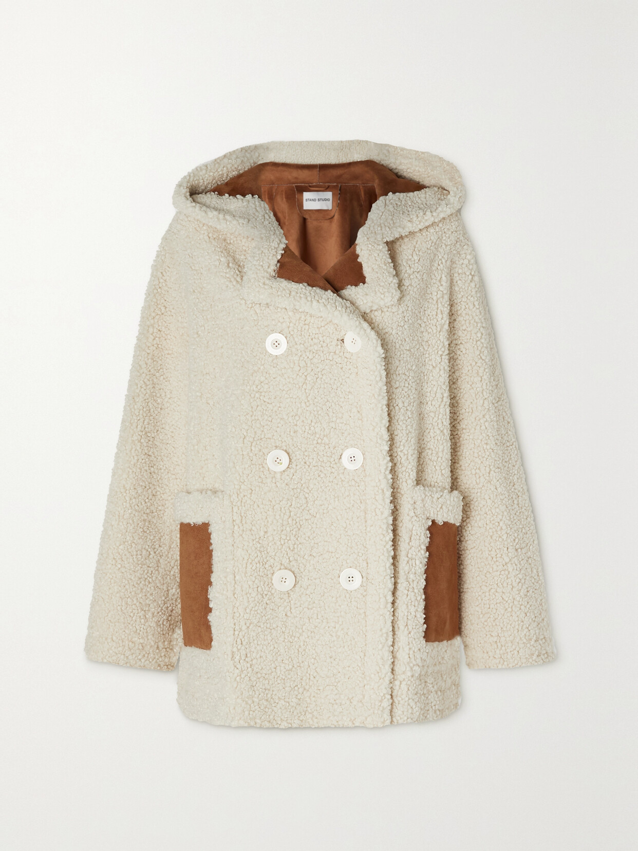 STAND STUDIO KHALESSI HOODED DOUBLE-BREASTED FAUX SUEDE-TRIMMED FAUX SHEARLING COAT