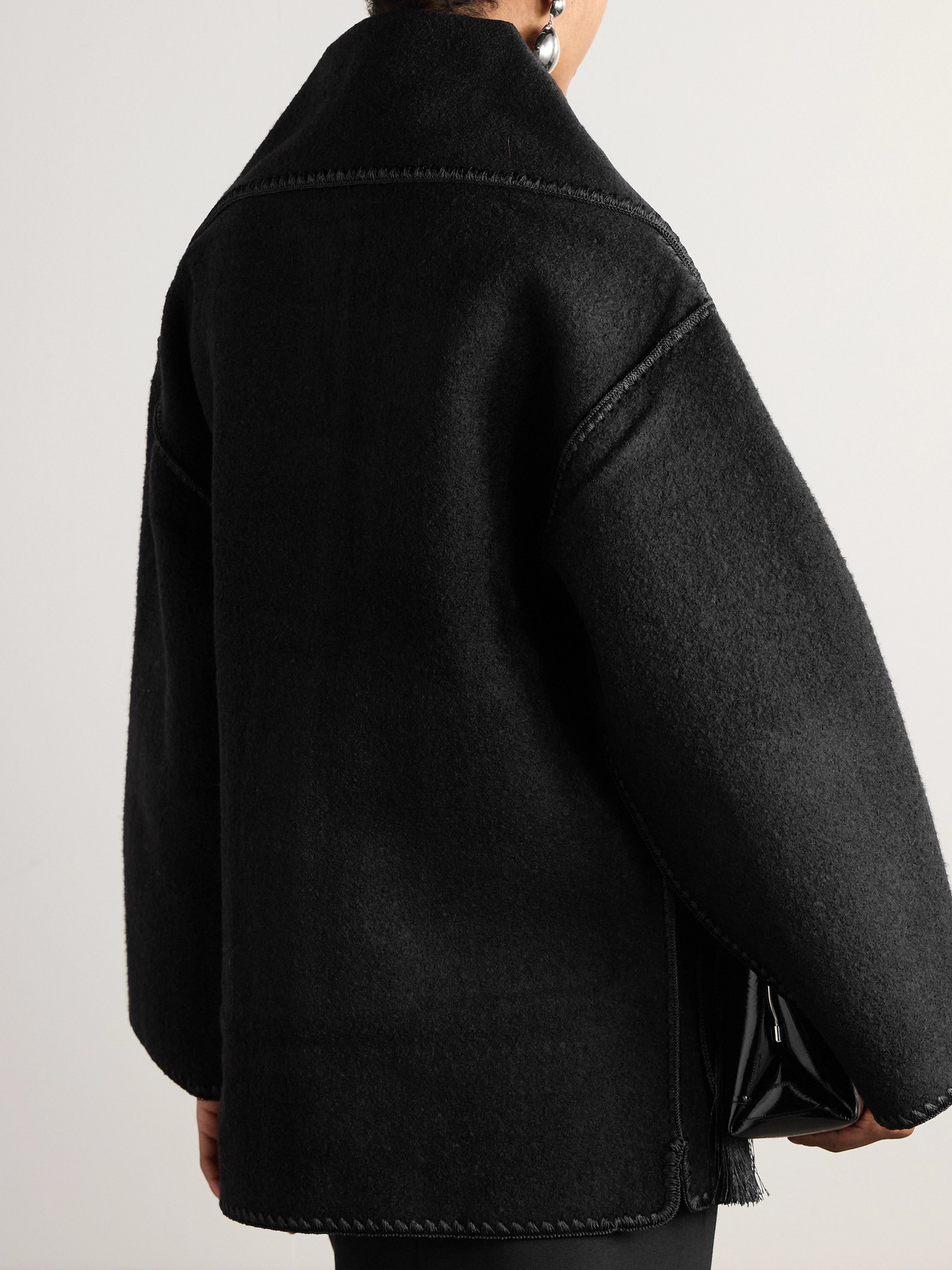 Shop Totême + Net Sustain Draped Fringed Wool-blend Jacket In Black