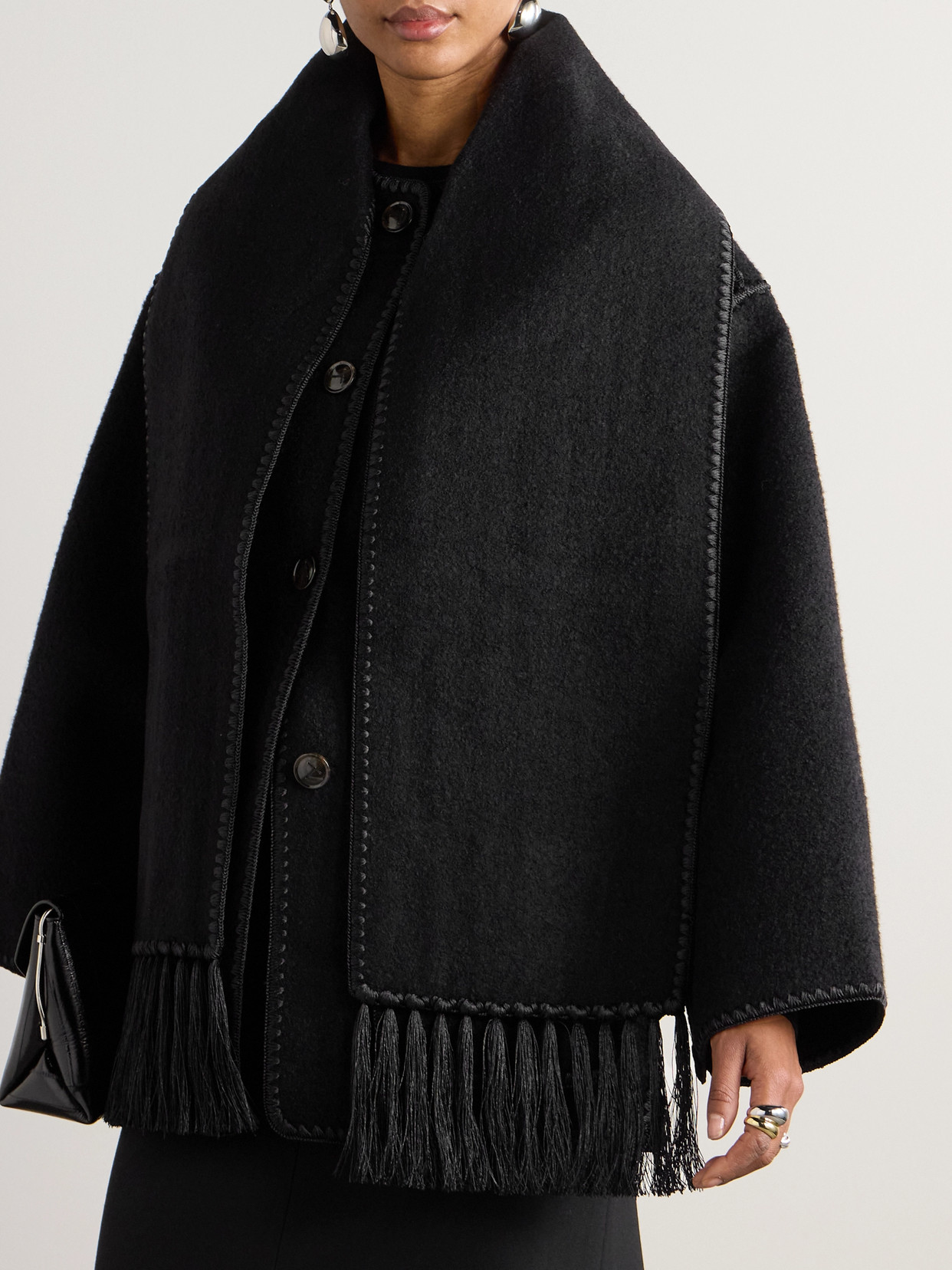 Shop Totême + Net Sustain Draped Fringed Wool-blend Jacket In Black