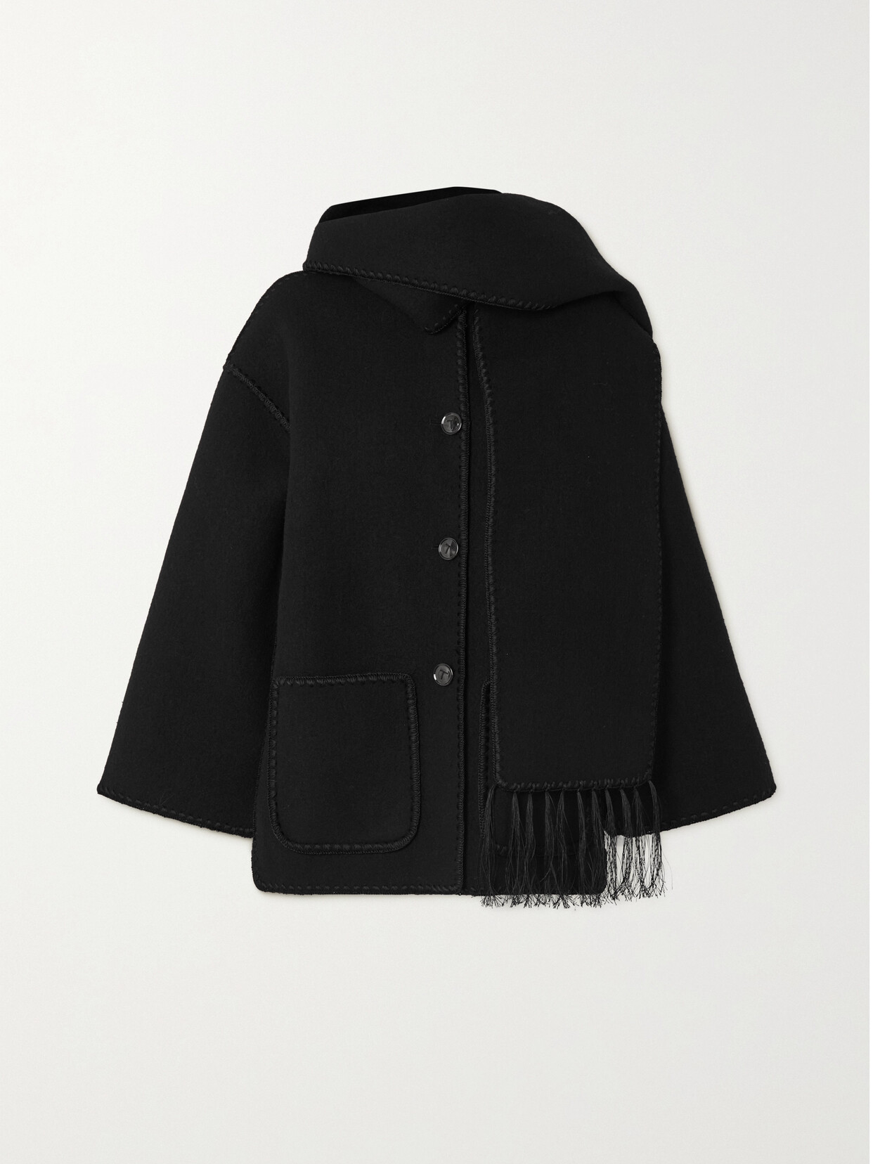 Shop Totême + Net Sustain Draped Fringed Wool-blend Jacket In Black