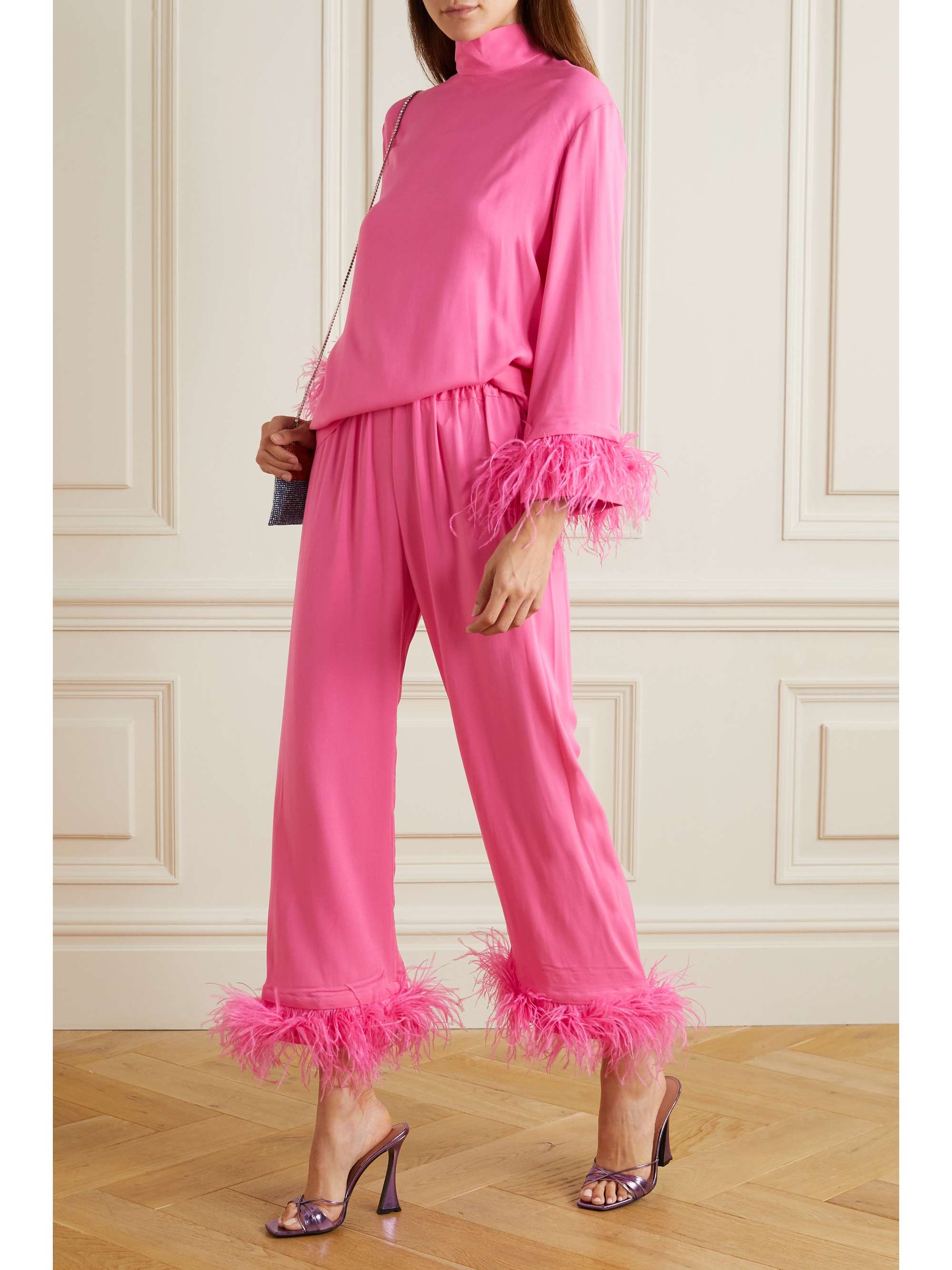 SLEEPER Feather-trimmed twill pajama set