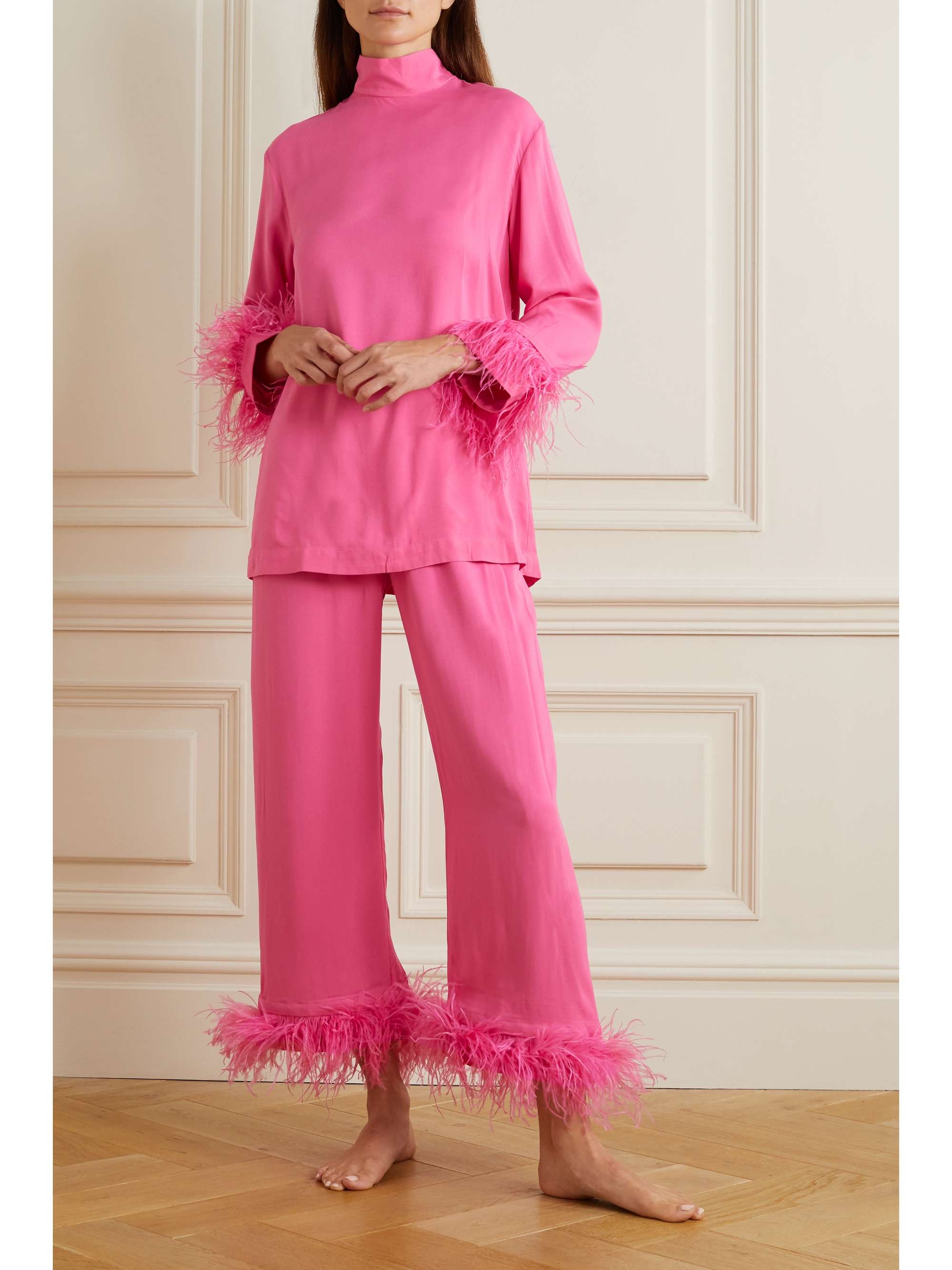 SLEEPER Feather-trimmed twill pajama set