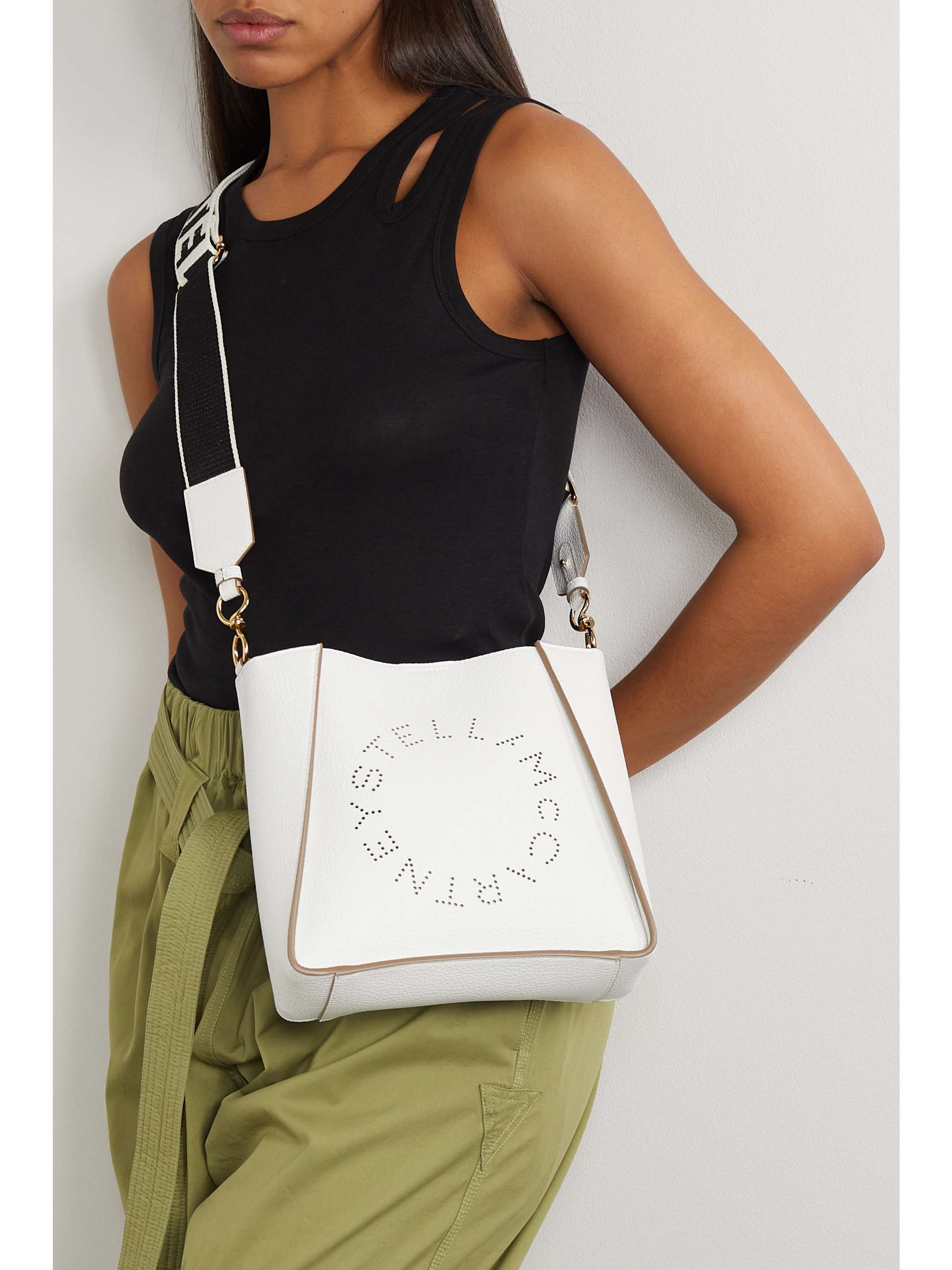 White Logo-perforated vegetarian leather shoulder bag | STELLA ...