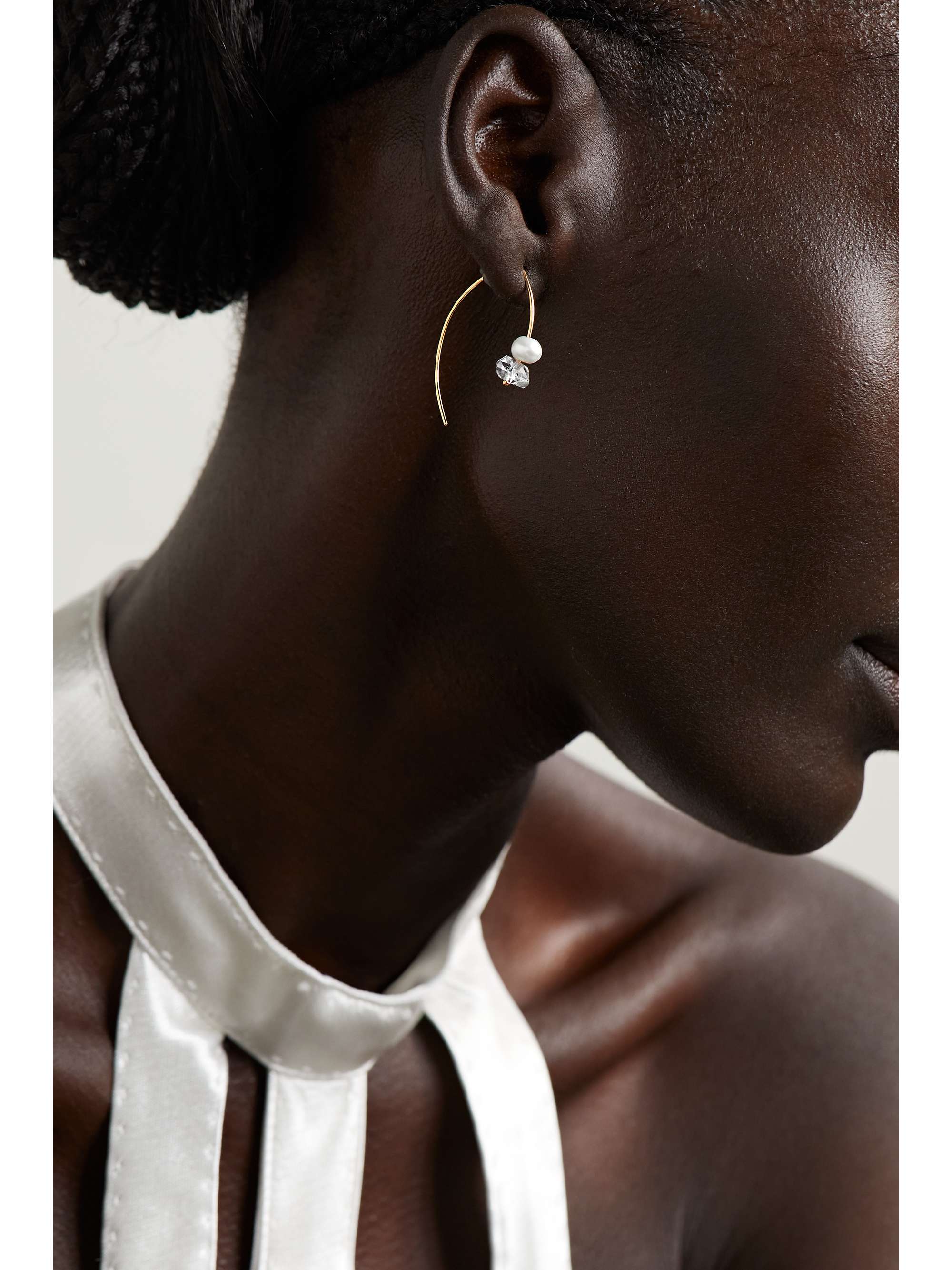 MELISSA JOY MANNING Wishbone 14-karat recycled gold, Herkimer diamond and pearl earrings