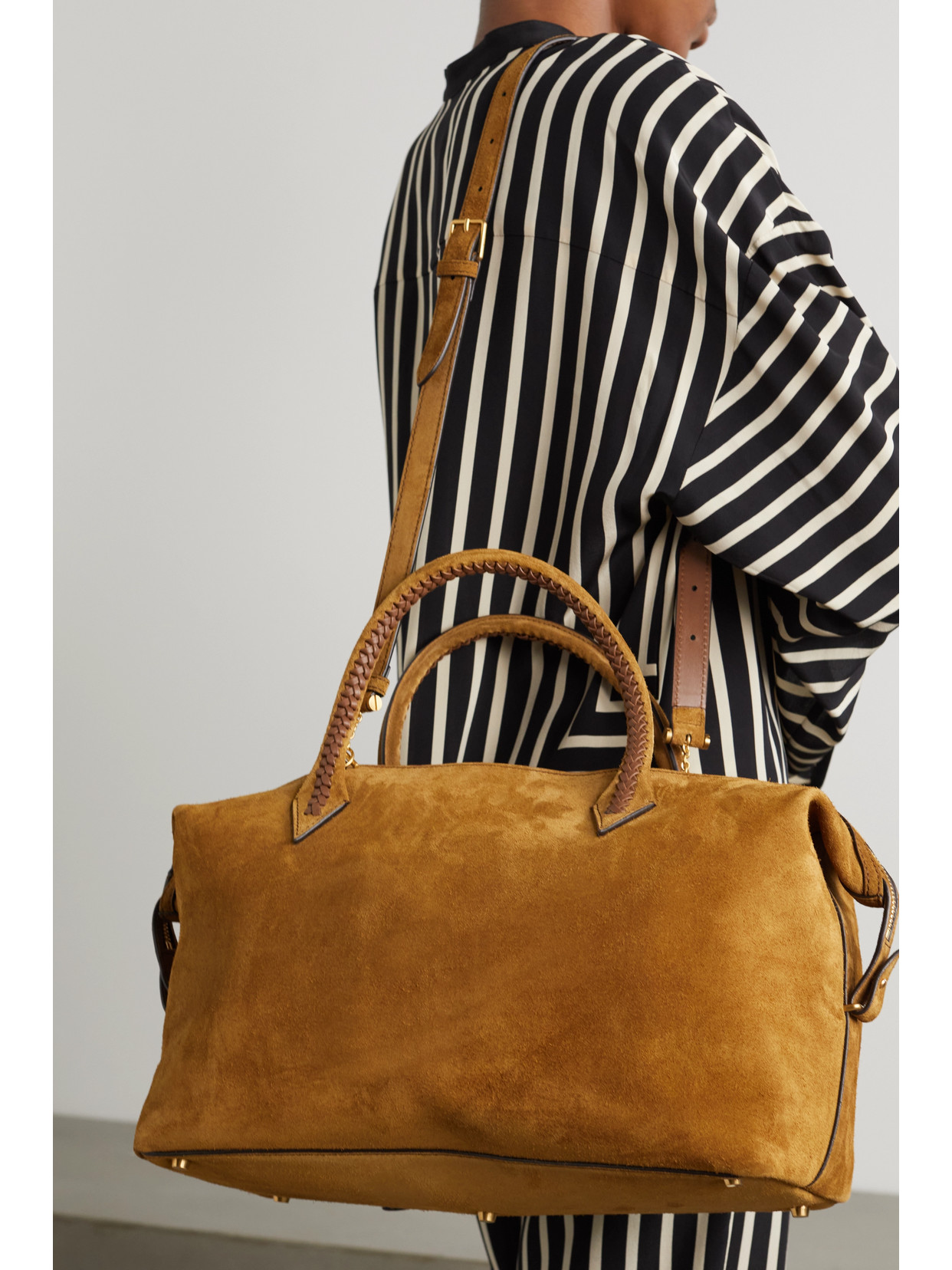 Shop Metier Perriand City Medium Braided Leather-trimmed Suede Tote In Brown