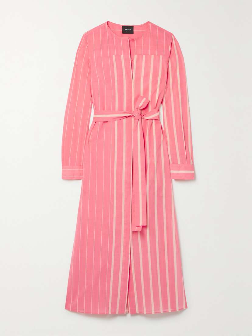 Akris Belted Striped Cotton-voile Midi Dress