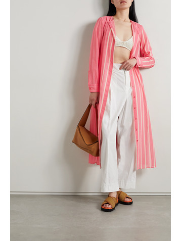 AKRIS Belted striped cotton-voile midi dress