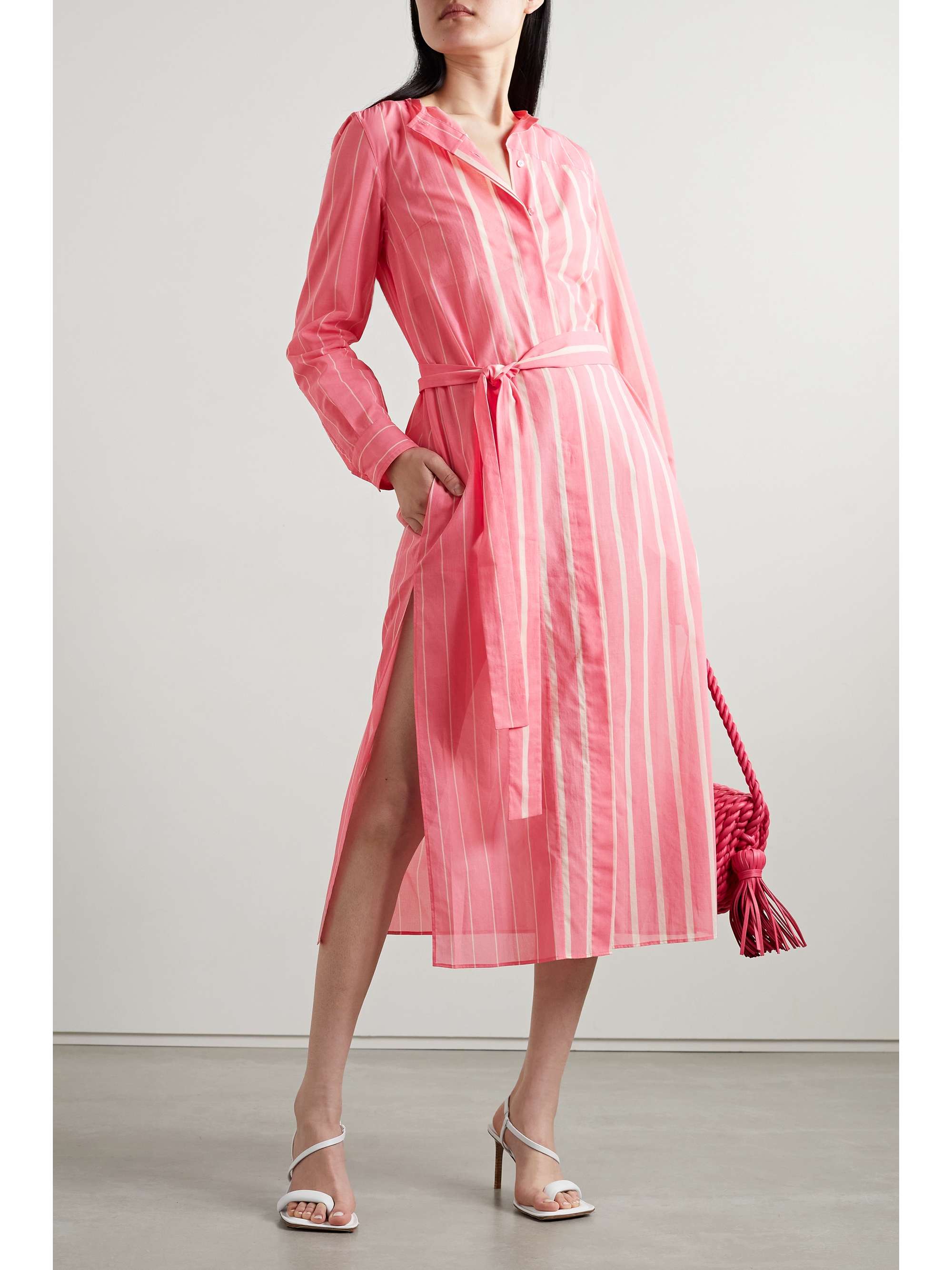 AKRIS Belted striped cotton-voile midi dress