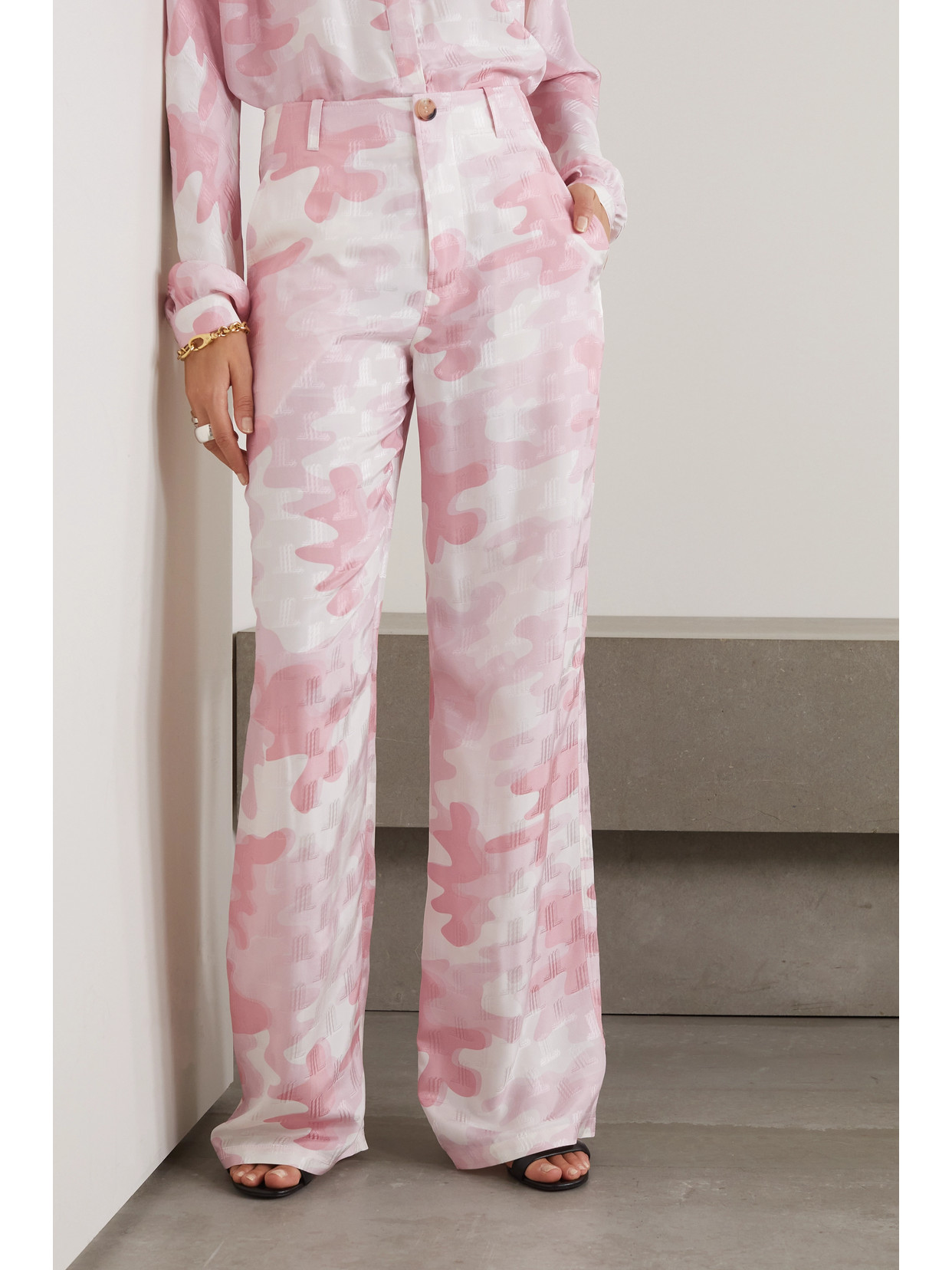 Lanvin Camouflage-print Silk-blend Jacquard Wide-leg Pants In Pink