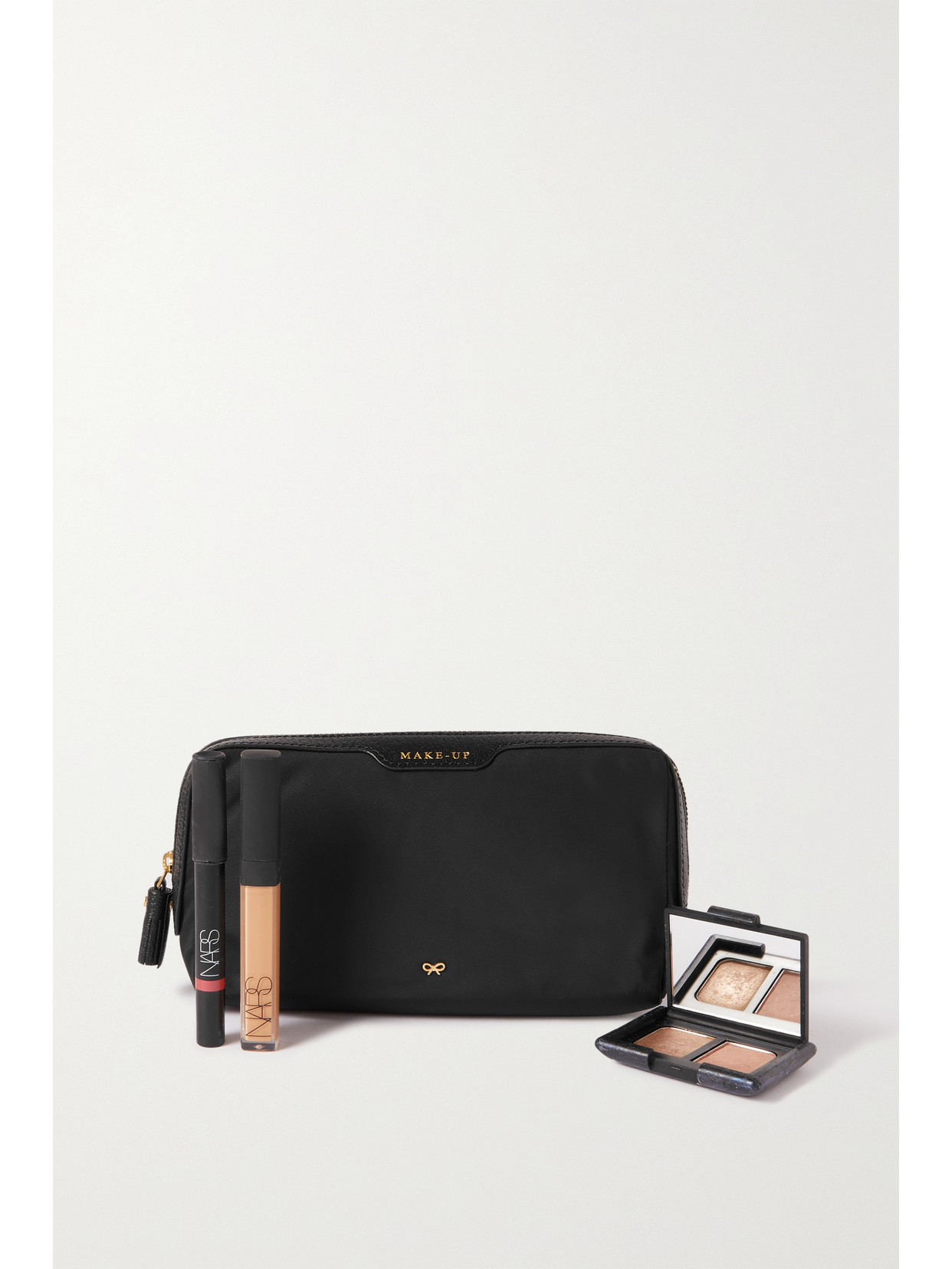 Shop Anya Hindmarch + Net Sustain Make Up Small Leather-trimmed Econyl Cosmetics Case In Black