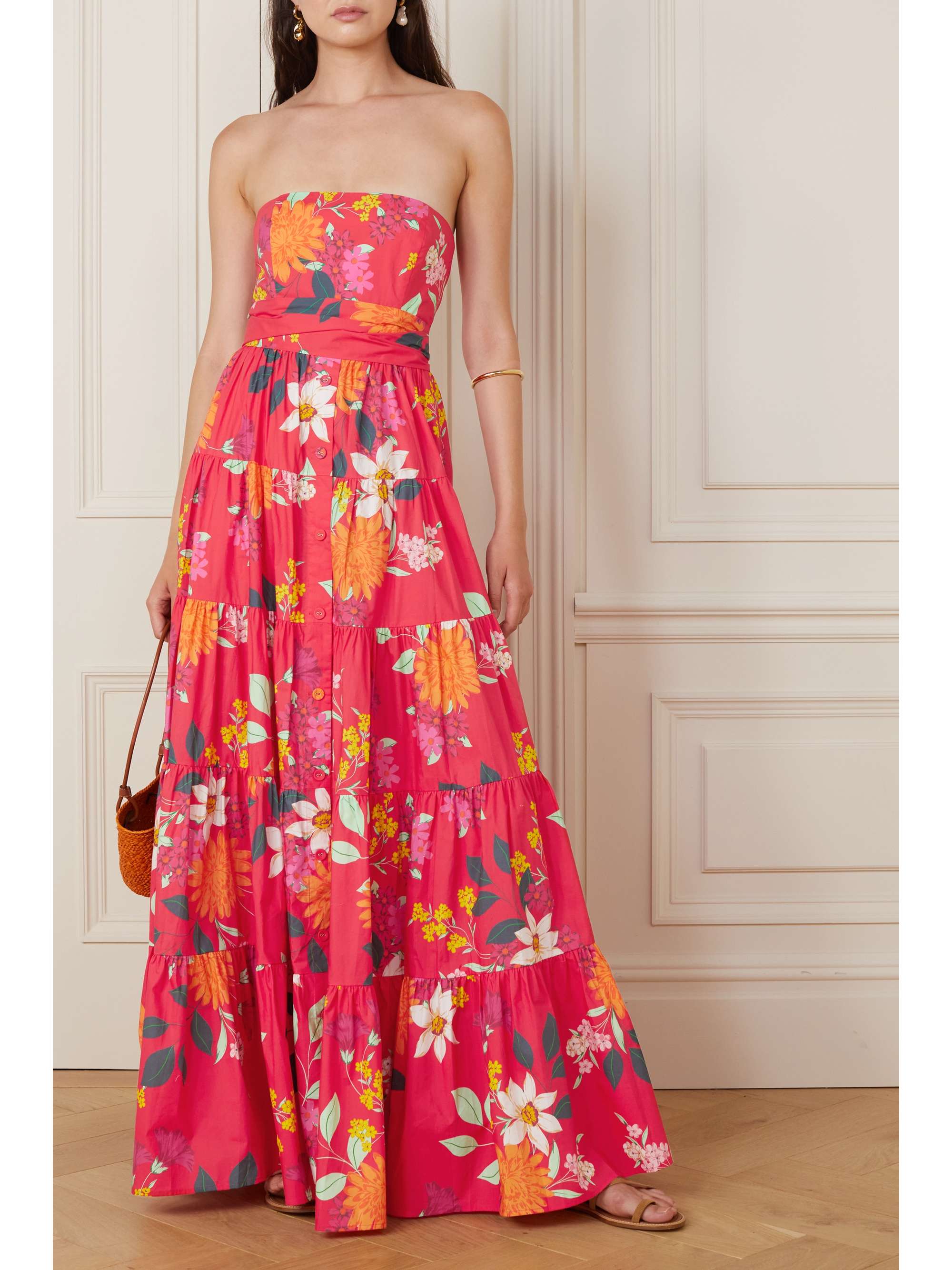 Red Regina strapless tiered floral 