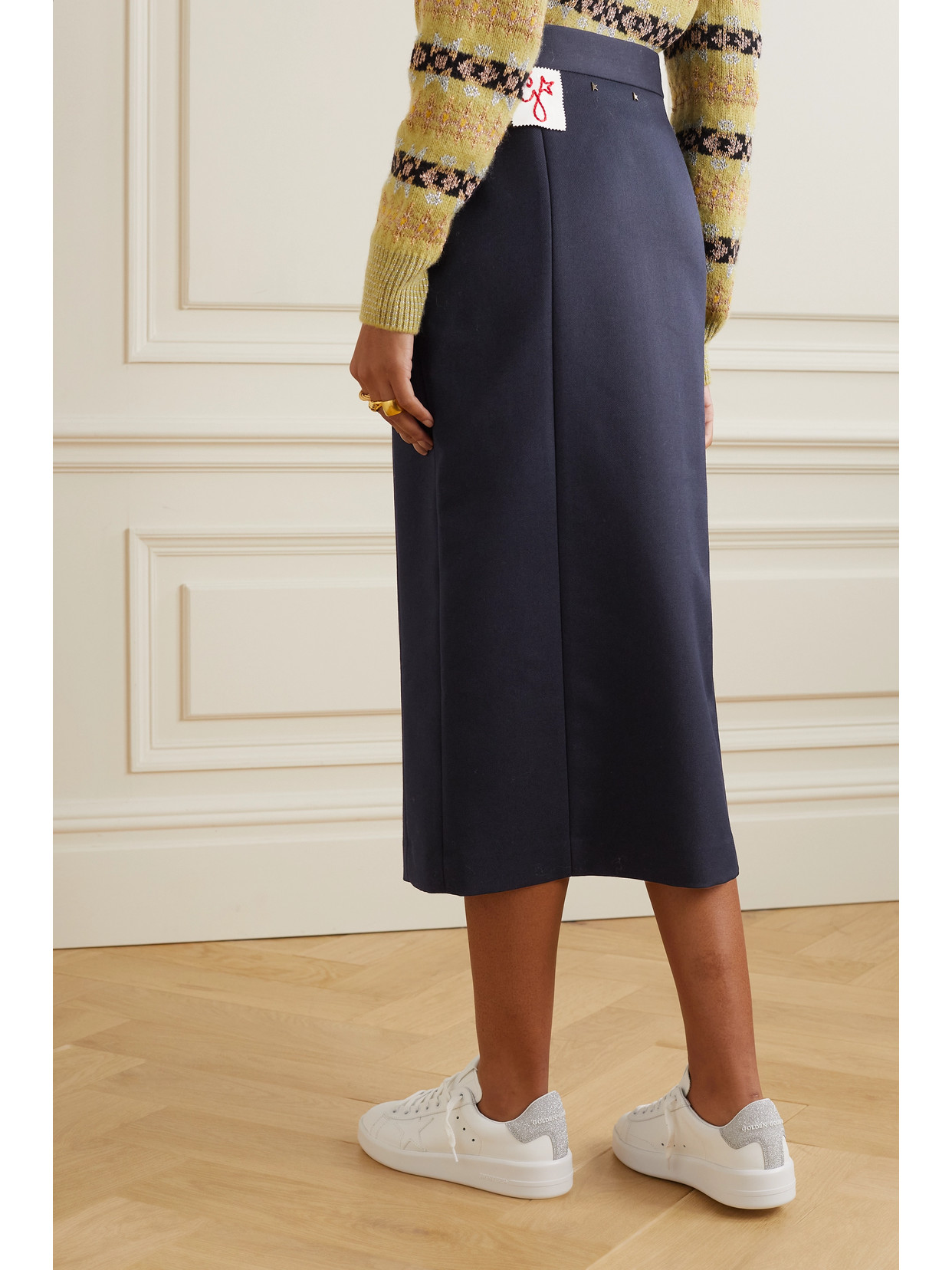 Shop Golden Goose Appliquéd Gabardine Midi Skirt In Blue