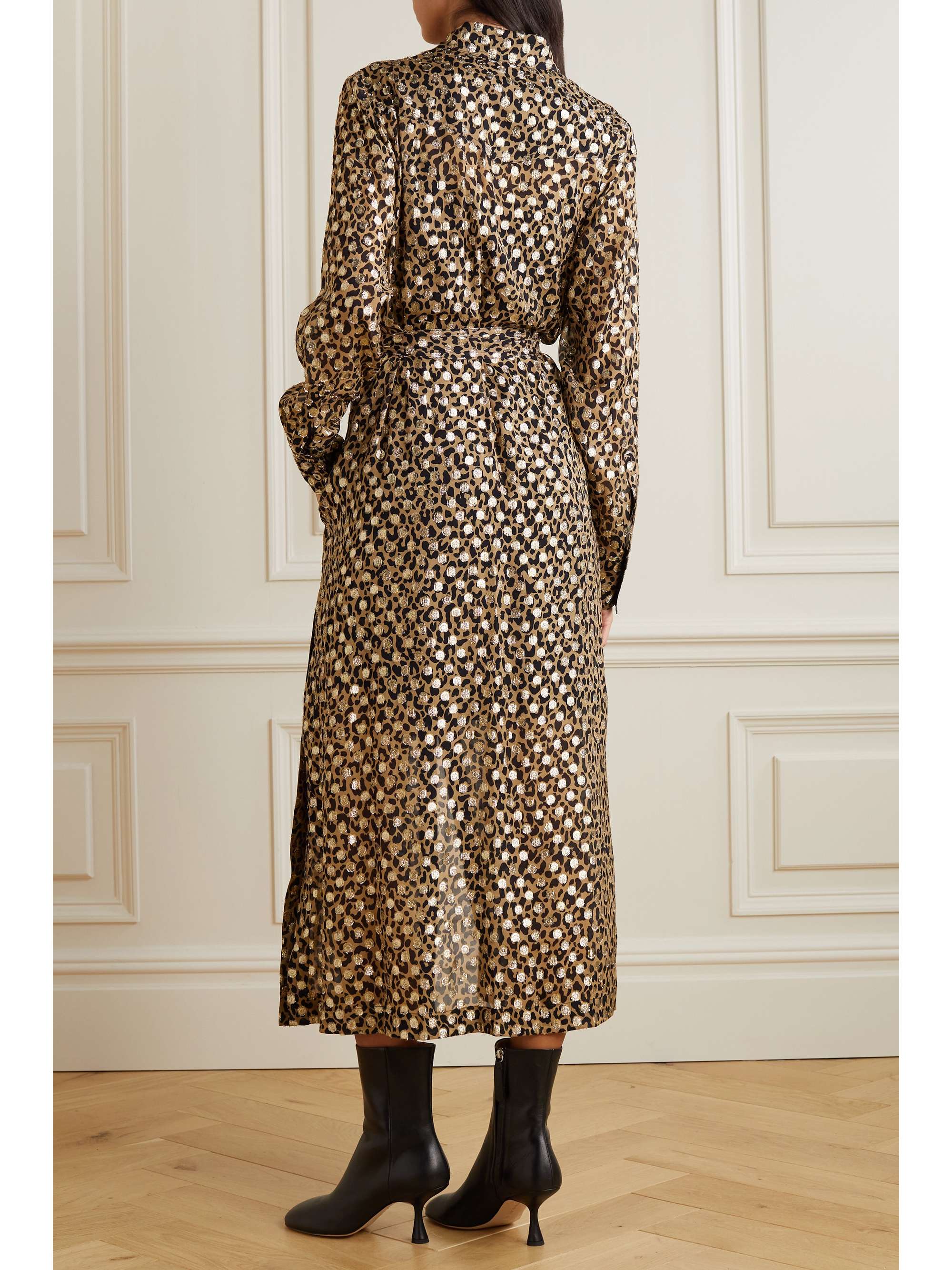 GOLDEN GOOSE Belted leopard-print metallic fil coupé chiffon midi shirt dress