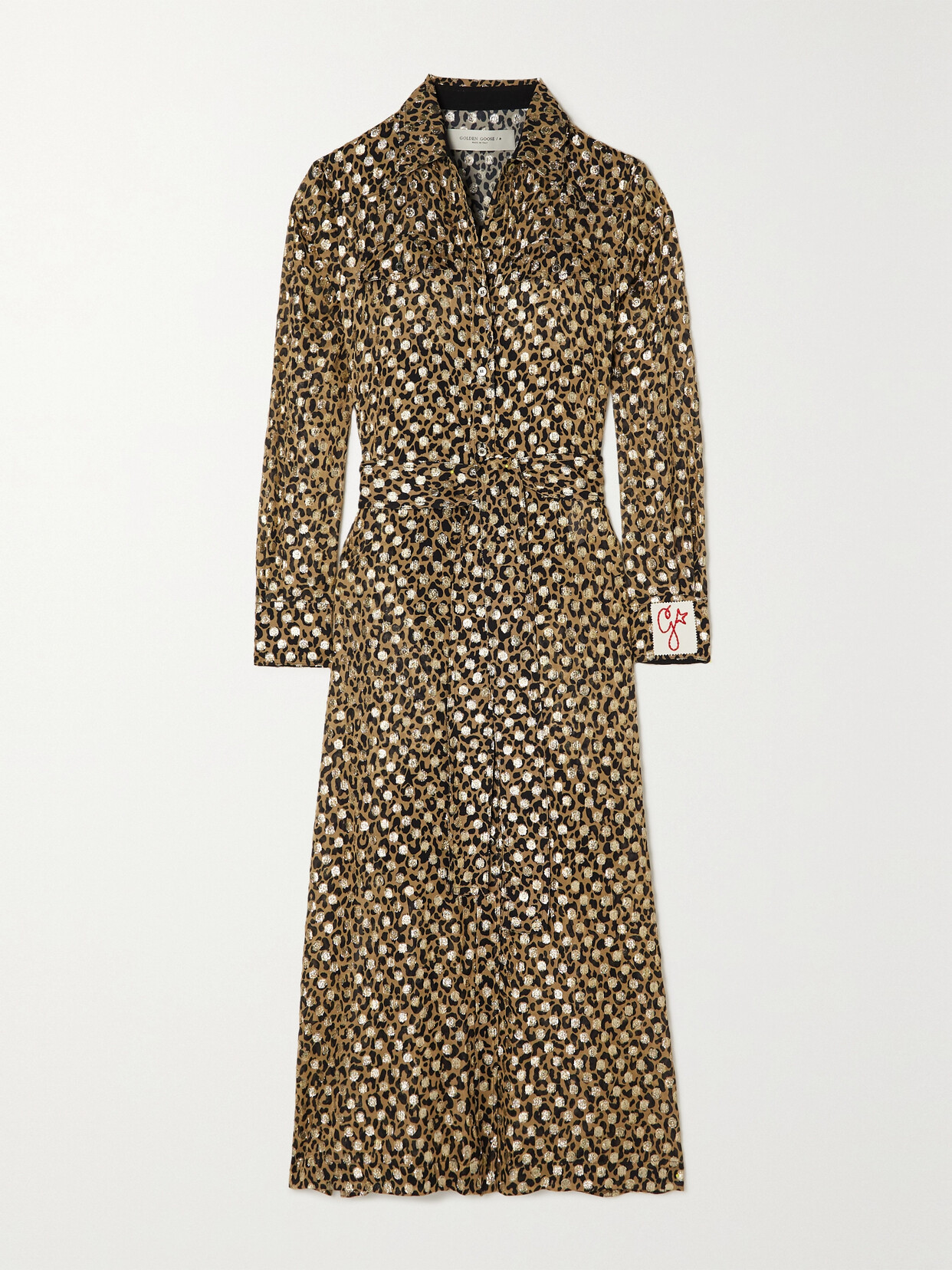 Golden Goose Belted Leopard-print Metallic Fil Coupé Chiffon Midi Shirt Dress In Animal Print